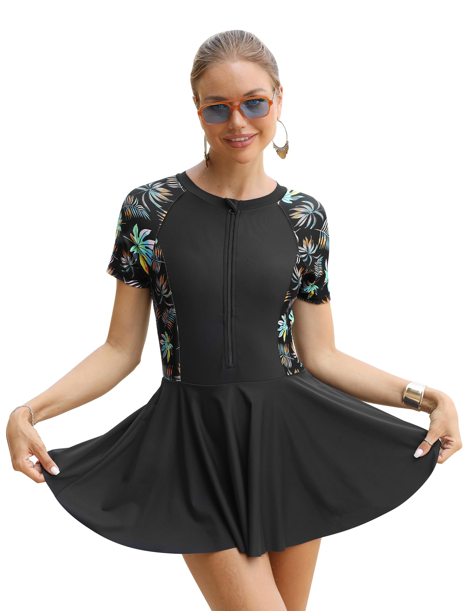 ABEHIK Damen Badekleid mit Shorts Einteilige Takini Kurzarmel Schwimmkleid Schwimmanzug Sommer Badeanzug Frauen Bademode Swim Dress