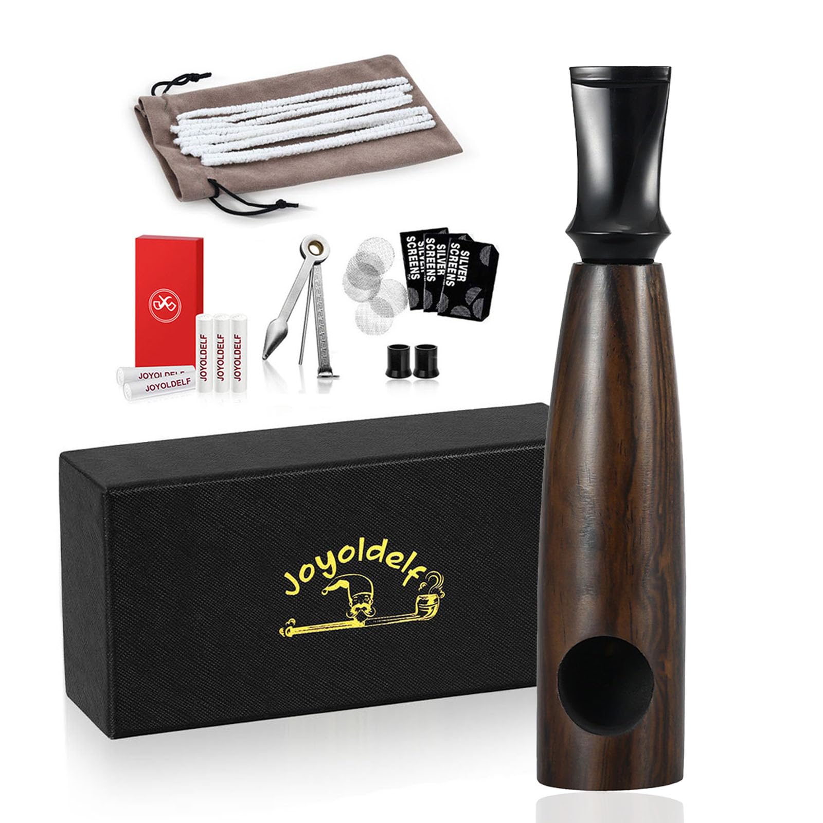 Joyoldelf Ebony Tobacco Pipe Set - Portable Wooden Smoking Pipe, Luxury Pipe Starter Kit with 3-in-1 Scraper, 9mm Pipe Filter and Smoking Accessories