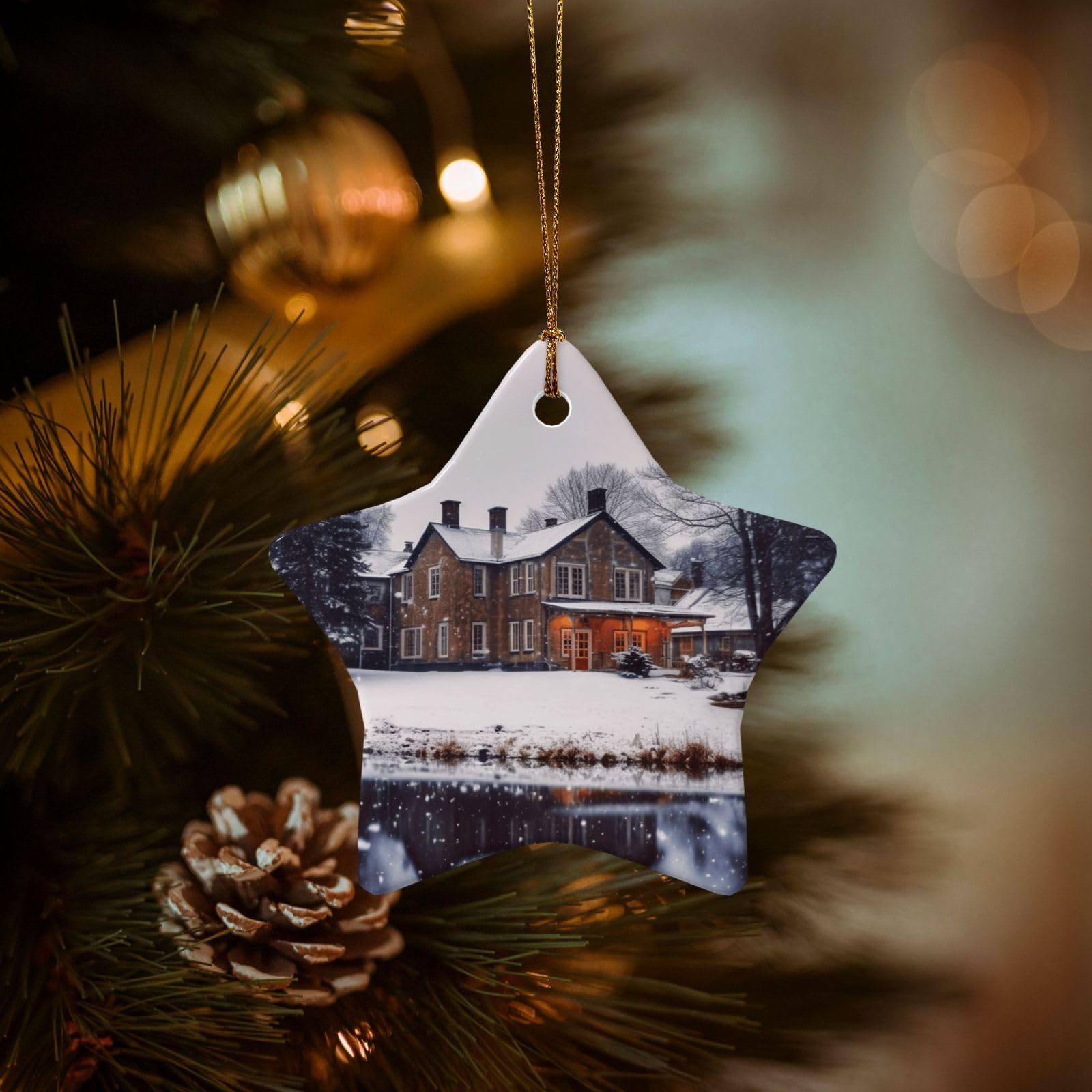 Christmas Tree Ornaments Ceramics Christmas Decorations Winter Farmhouse Ornaments with Gold Ribbon Porcelain Xmas Tree Crafts Star Shape Hanging Pendant for Christmas Tree Party Decor