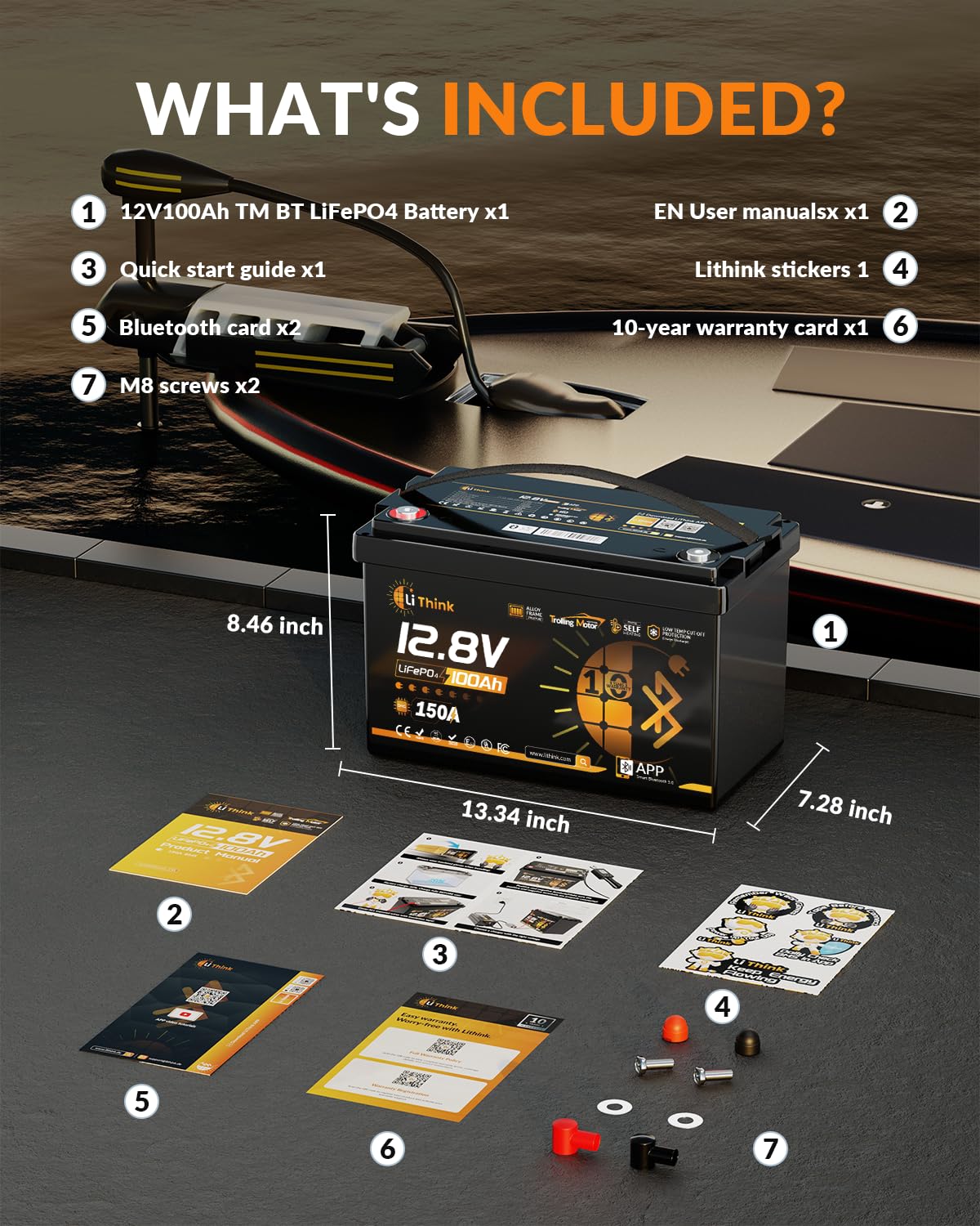 Batterie Lithium 12V 100Ah LiFePO4, Bluetooth, BMS 120A, 1280 Wh, 15000 Cycles, Auto-Chauffage & Basse Température – Idéale Moteur Trolling, Camping-Car, Solaire, Bateau