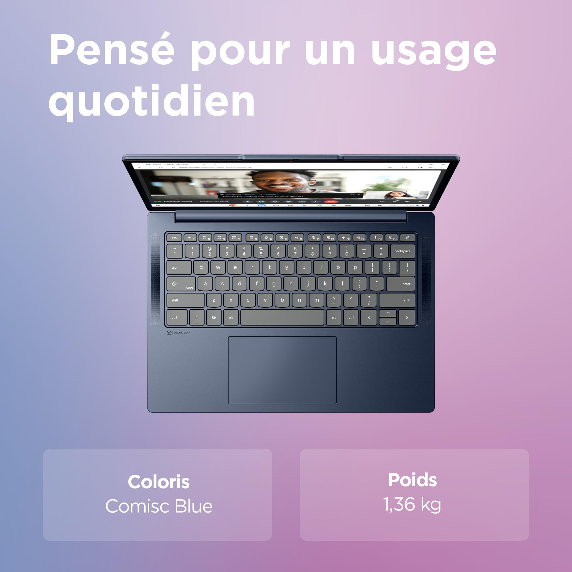 Lenovo Chromebook 14M8911 - Ordinateur Portable 14'' WUXGA (MediaTek Kompanio 540, RAM 8Go, SSD 128Go, Arm Mali-G57 MC2 GPU, Chrome OS) Clavier AZERTY Français - Cosmique Bleu