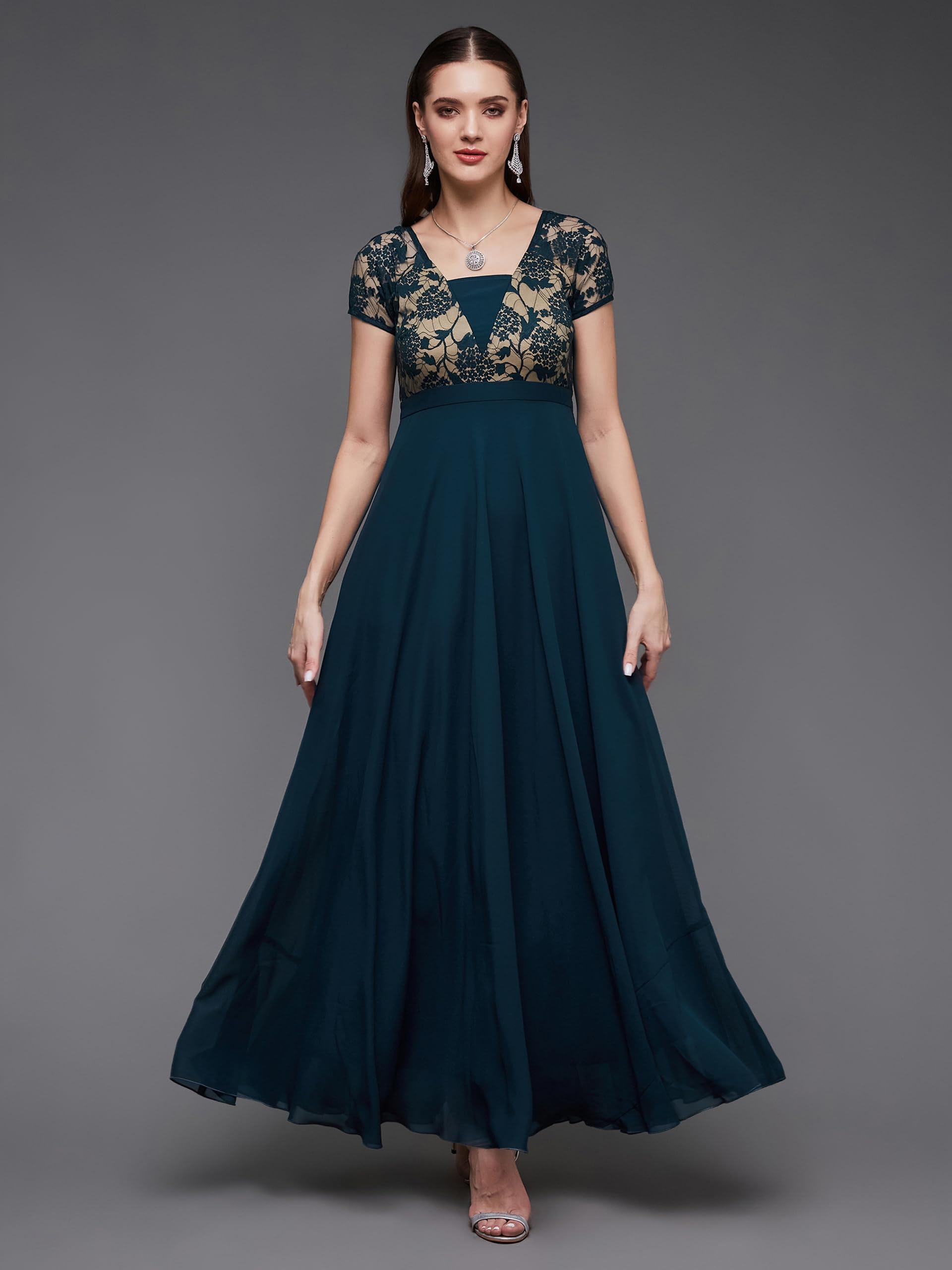 Miss Chase Women's Square Neck Raglan Short Sleeve Self Design Lace Overlaid Georgette Maxi Dress With Pockets (Mcss22D06-48-83-05, Teal, L)