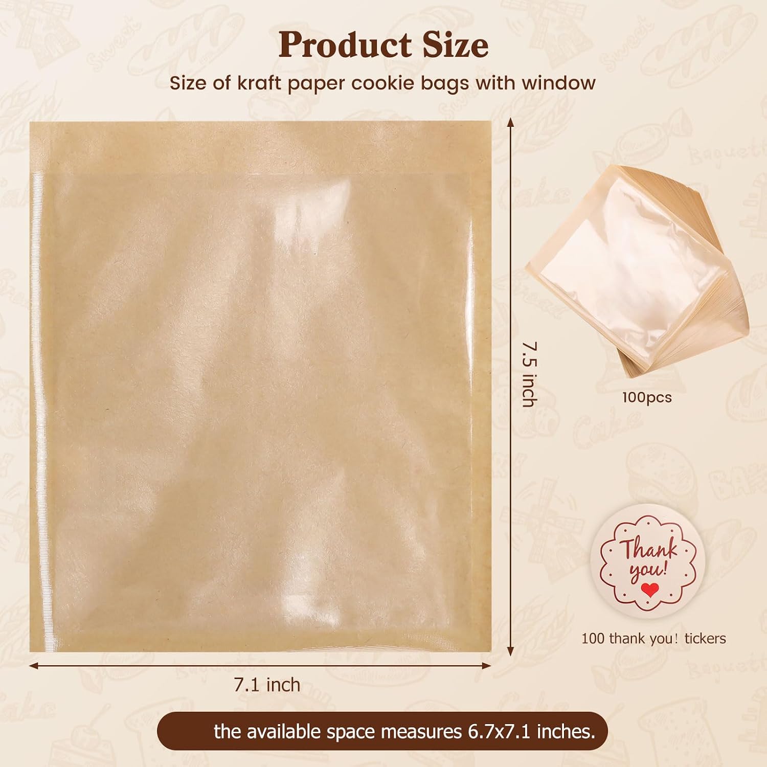 HONKID 100 Pack Cookie Packaging Bags With Seal Stickers,7.1x7.5 Inch Food-Grade Bakery Bags With Window, Heat Sealable Paper Cookie Sleeves for Homemade, Sandwich, Cookies, Cakes, Brown, Donut