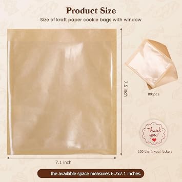 HONKID 100 Pack Cookie Packaging Bags With Seal Stickers,7.1x7.5 Inch Food-Grade Bakery Bags With Window, Heat Sealable Paper Cookie Sleeves for Homemade, Sandwich, Cookies, Cakes, Brown, Donut