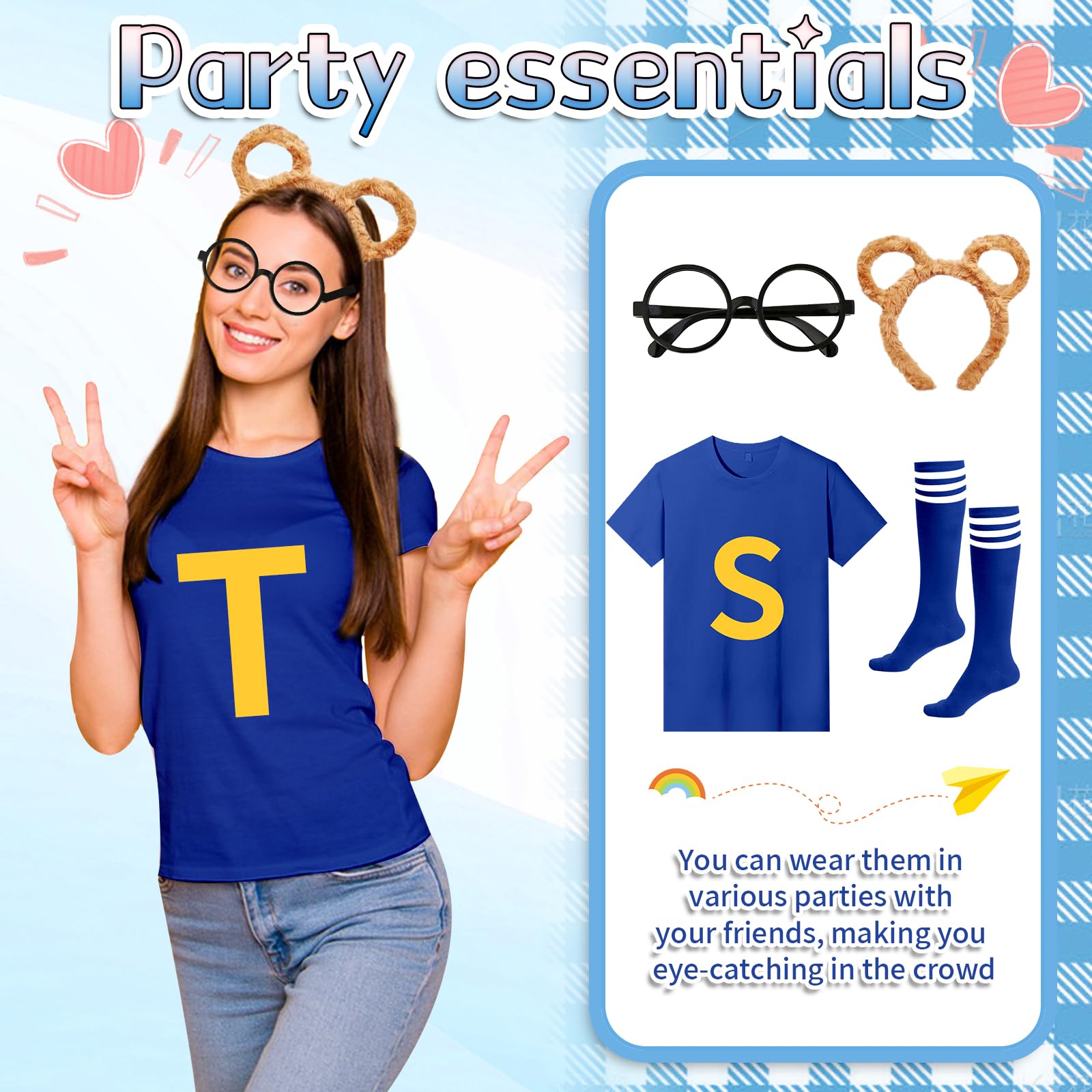 4Pcs Chipmunks Costumes Set including Chipmunk Headband Glasses T-shirt Soccer Socks - Image 4