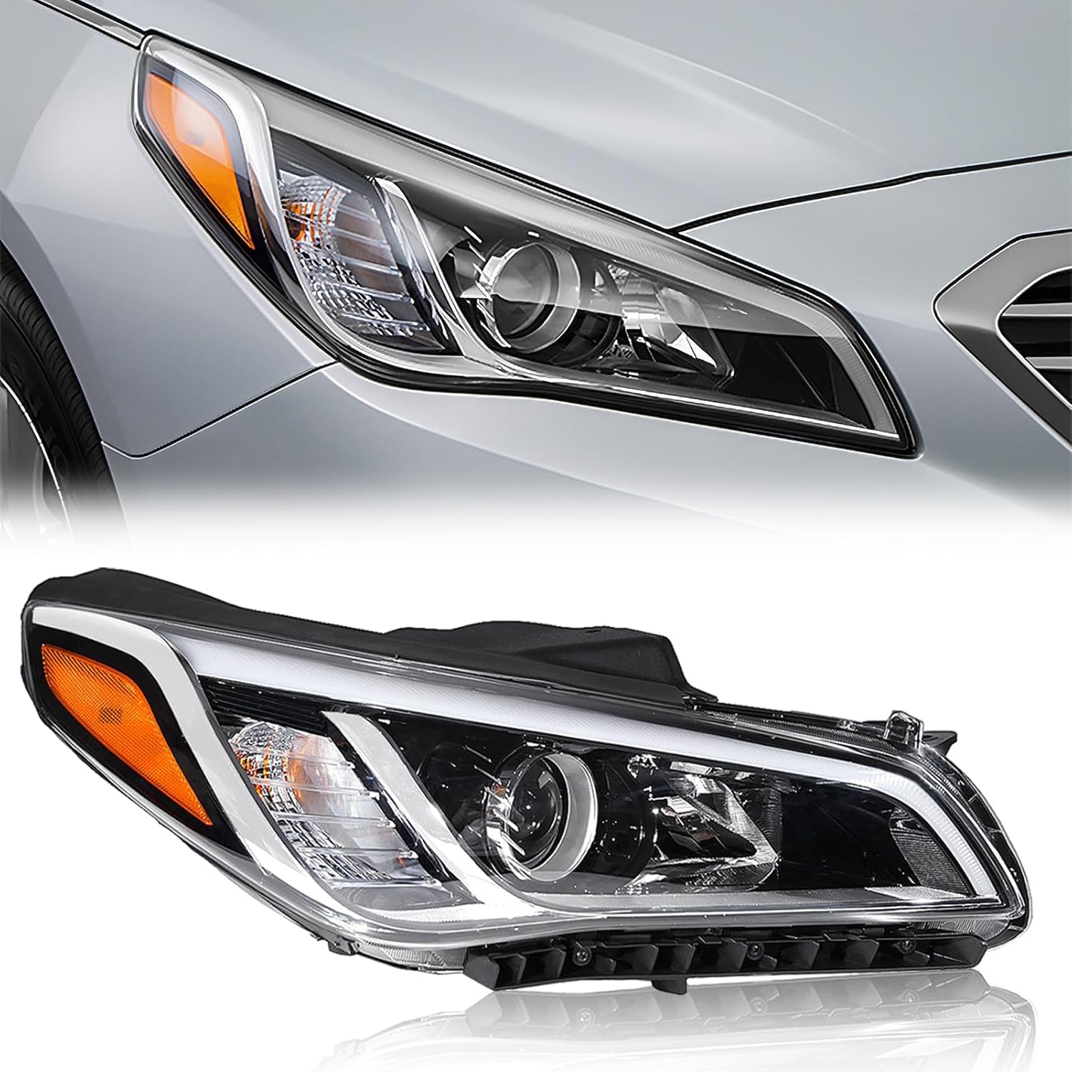 TODO Headlight Assembly Compatible with 2015-2017 Hyundai Sonata SE/Sport/Limited/ECO, Head Lamp Replacement with Bulbs & Parking Lamp 92101-C2050 92102-C2050, Driver & Passenger Side