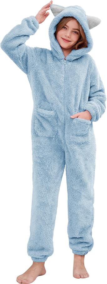 Flygo Girls Fleece Jumpsuits Fuzzy Hooded Onesie Rompers Kids Zip One Piece Romper Costume Warm Winter Clothes 5-14 Years