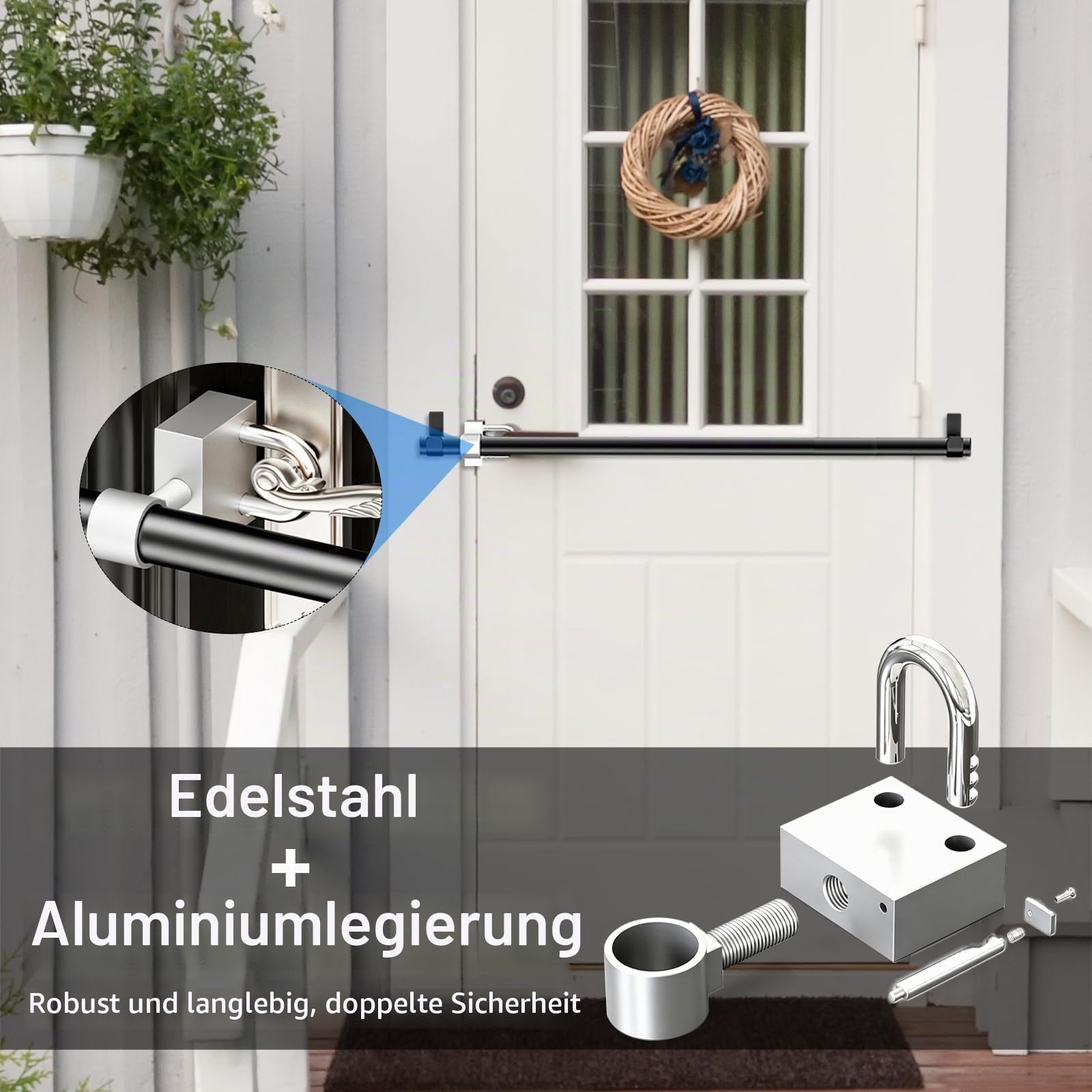 Einbruchschutz Türsicherung, Sicherheitstürstange Tür Barrikade Wohnungstür und Haustür Ohne Bohren Verstellbare Türsicherung Stange aus Stahl Zusatzschloss und Mobiler Türstopper für Heim und Hotel