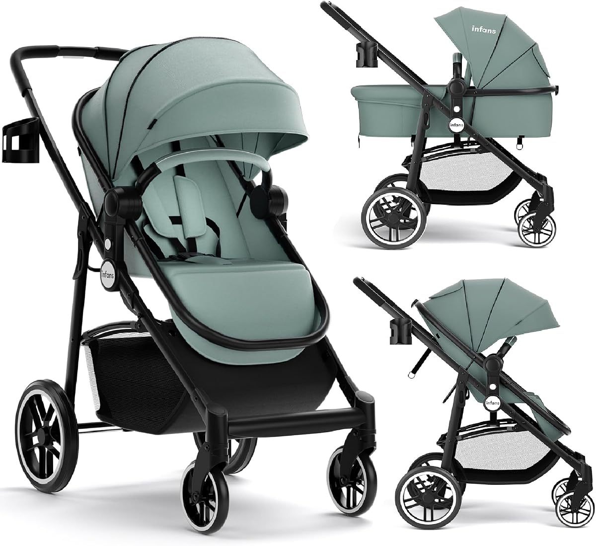 INFANS 2 in 1 Baby Stroller, High Landscape Infant Stroller & Reversible Bassinet Pram, Foldable Pushchair with Adjustable Canopy, Cup Holder, Storage Basket, Suspension Wheels (Green)