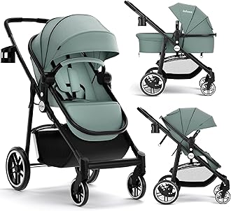 INFANS 2 in 1 Baby Stroller, High Landscape Infant Stroller & Reversible Bassinet Pram, Foldable Pushchair with Adjustable Canopy, Cup Holder, Storage Basket, Suspension Wheels (Green)