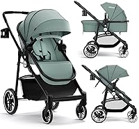 Vista 14 de INFANS Cochecito infantil 2 en 1, cochecito de bebé horizontal y cochecito de cuna reversible, cochecito plegable con toldo ajustable, cesta