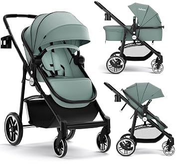 INFANS 2 in 1 Baby Stroller, High Landscape Infant Stroller & Reversible Bassinet Pram, Foldable Pushchair with Adjustable Canopy, Cup Holder, Storage Basket, Suspension Wheels Green