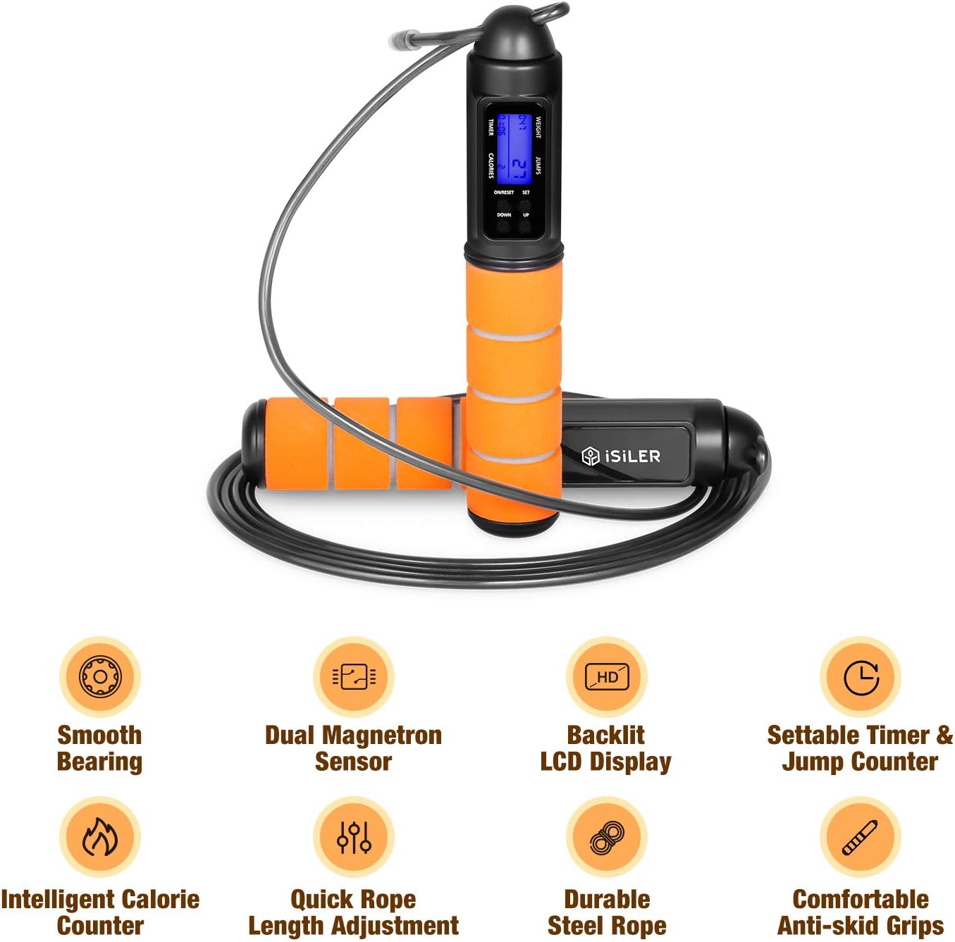 iSiLER Jump Rope, Digital Weighted Handle Workout Jumping Rope with Calorie Counter, Ball Bearings Tangle-Free Rapid Speed Skipping Rope, Adjustable Exercise Jumping Rope for Men, Women, Kids