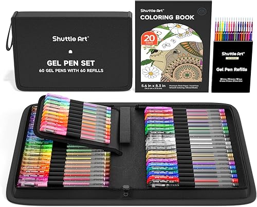 Miniatura 8 de Shuttle Art Bolígrafos de gel, paquete de 120 bolígrafos de gel empaquetados en caja de metal, 60 colores únicos con 60 recambios para adultos,