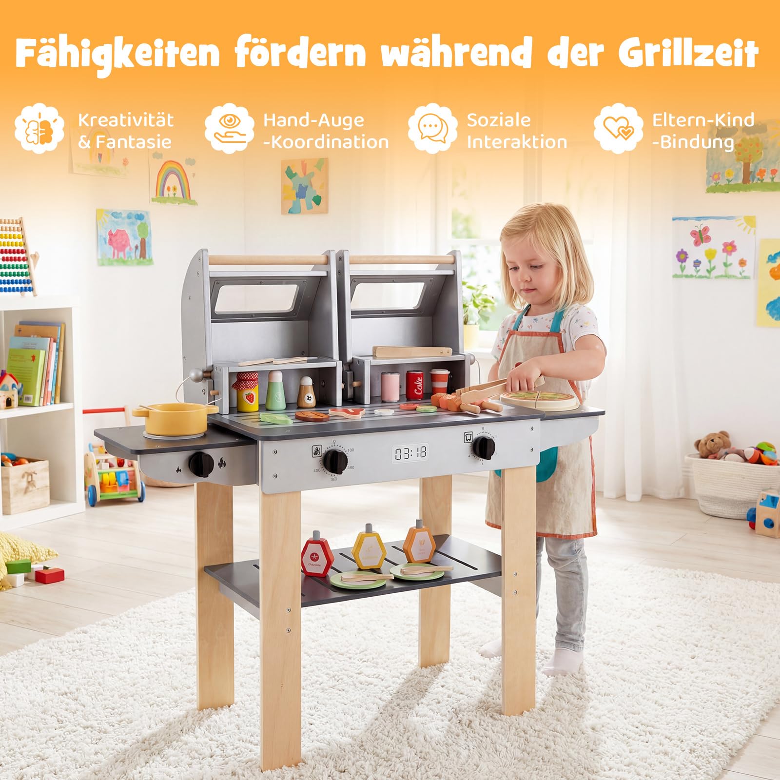 COSTWAY Barbecue Grill dziecięcy, zabawka do grillowania ze sztućcami do grillowania i jedzeniem do zabawy, kuchnia na błocie z 2 grillami i składanymi pokrywkami, zestaw kuchenny dla dzieci od 3 lat