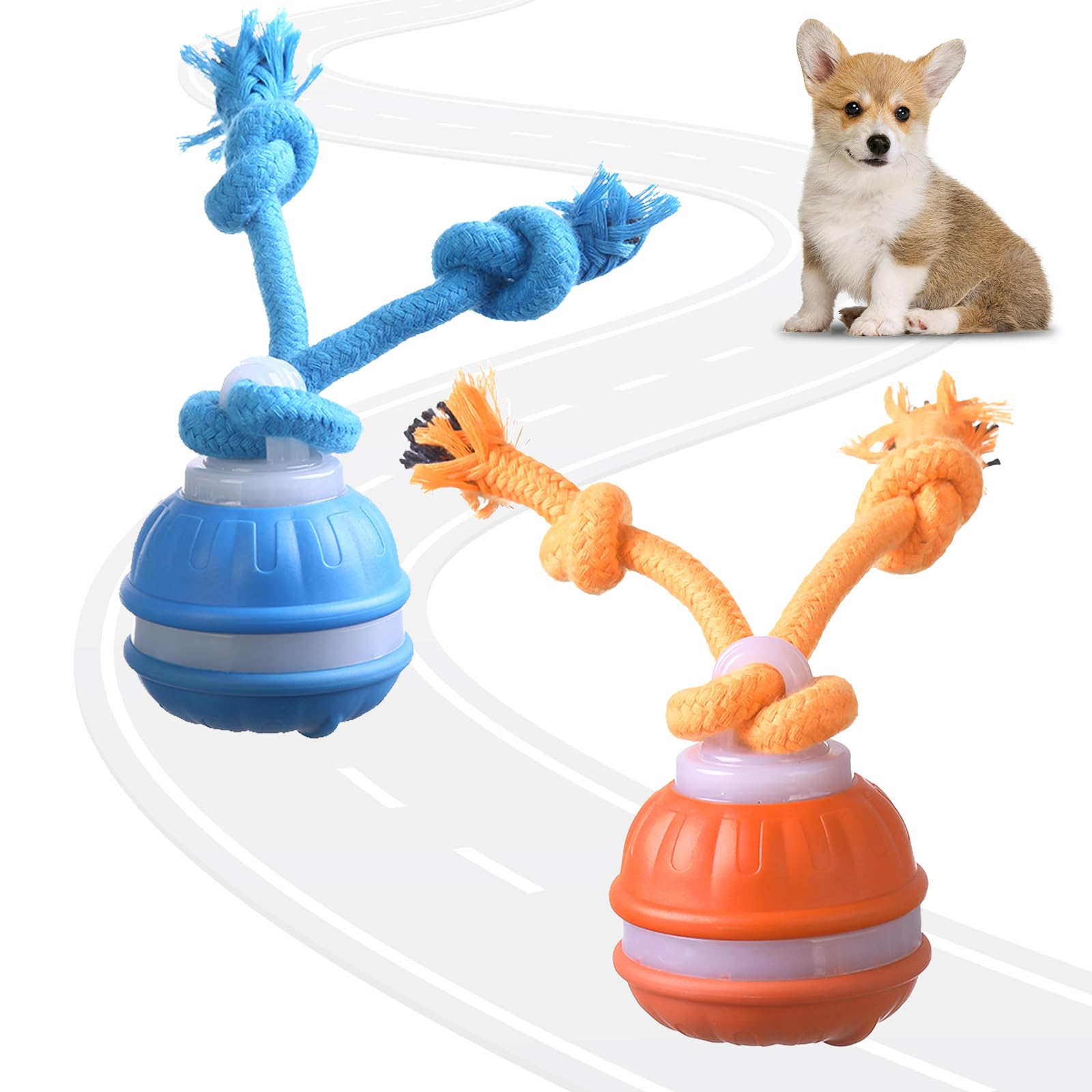 Jouet interactif pour chien - Balle à rouler automatique active avec queue pour chiens, jouets interactifs intelligents pour chien pour l'ennui déplacer des balles avec cordes à mâcher pour