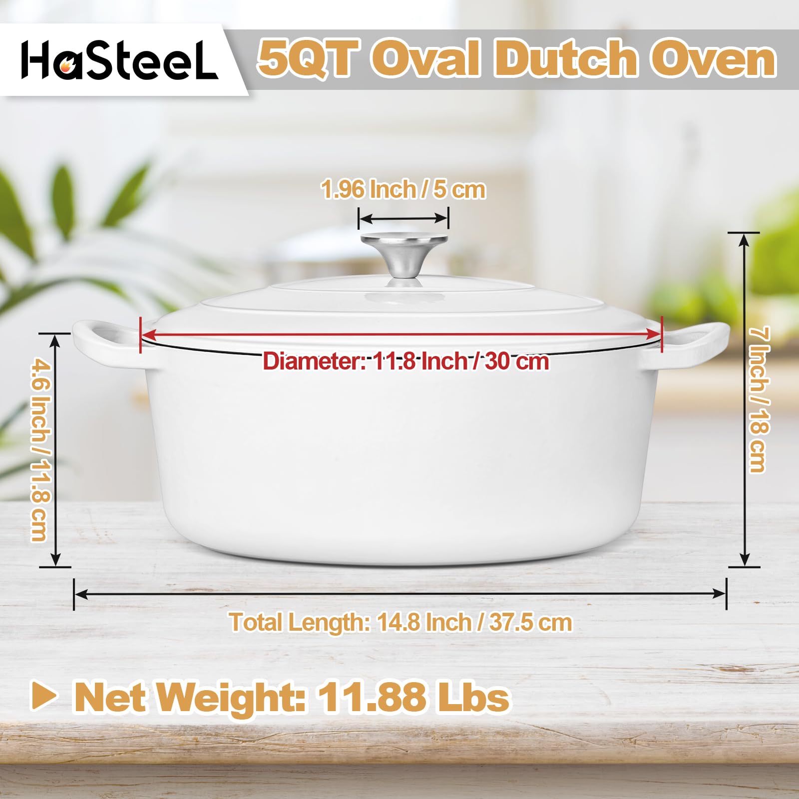 HaSteeL Horno holandés ovalado de hierro fundido, olla profunda esmaltada de 5 cuartos de galón con tapa, utensilios de cocina antiadherentes para hornear pan de masa madre, ideal para estofar,