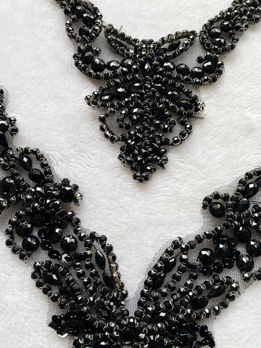 Pure Handmade Rhinestones lace Applique Accessories handsewing Beads Stones Trim Patches for Girl Wedding Dress 2PSC/Set (Black)