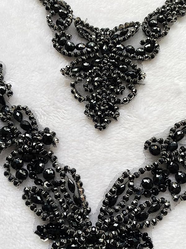 Pure Handmade Rhinestones lace Applique Accessories handsewing Beads Stones Trim Patches for Girl Wedding Dress 2PSC/Set (Black) by ESOSZNUA - Used condition - Image 3