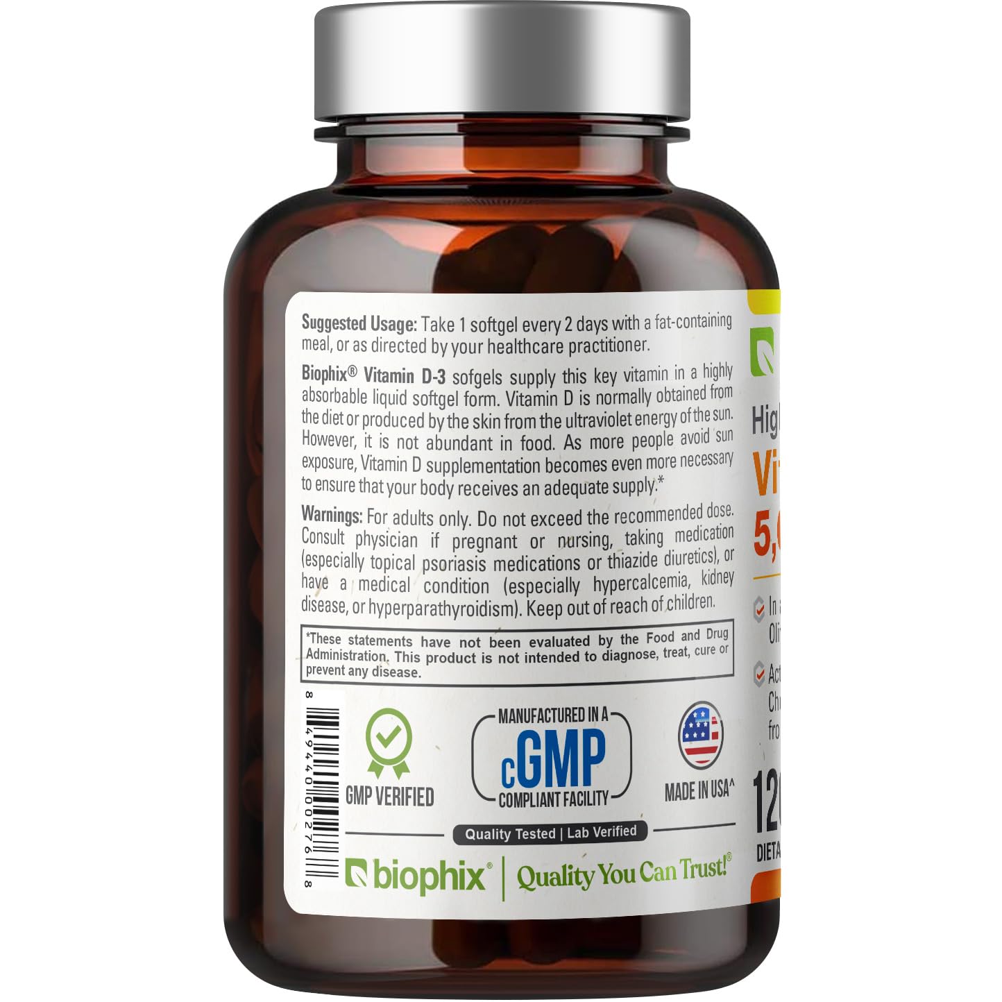 biophix Vitamin D3 5000 IU Softgels 120 Count (125mcg) - Vitamin D-3 High-Potency in Extra Virgin Olive Oil Soy Free for Men and Women - VIT 3D Supplement Supports Strong Bones & Immune Health — Amazon image 2