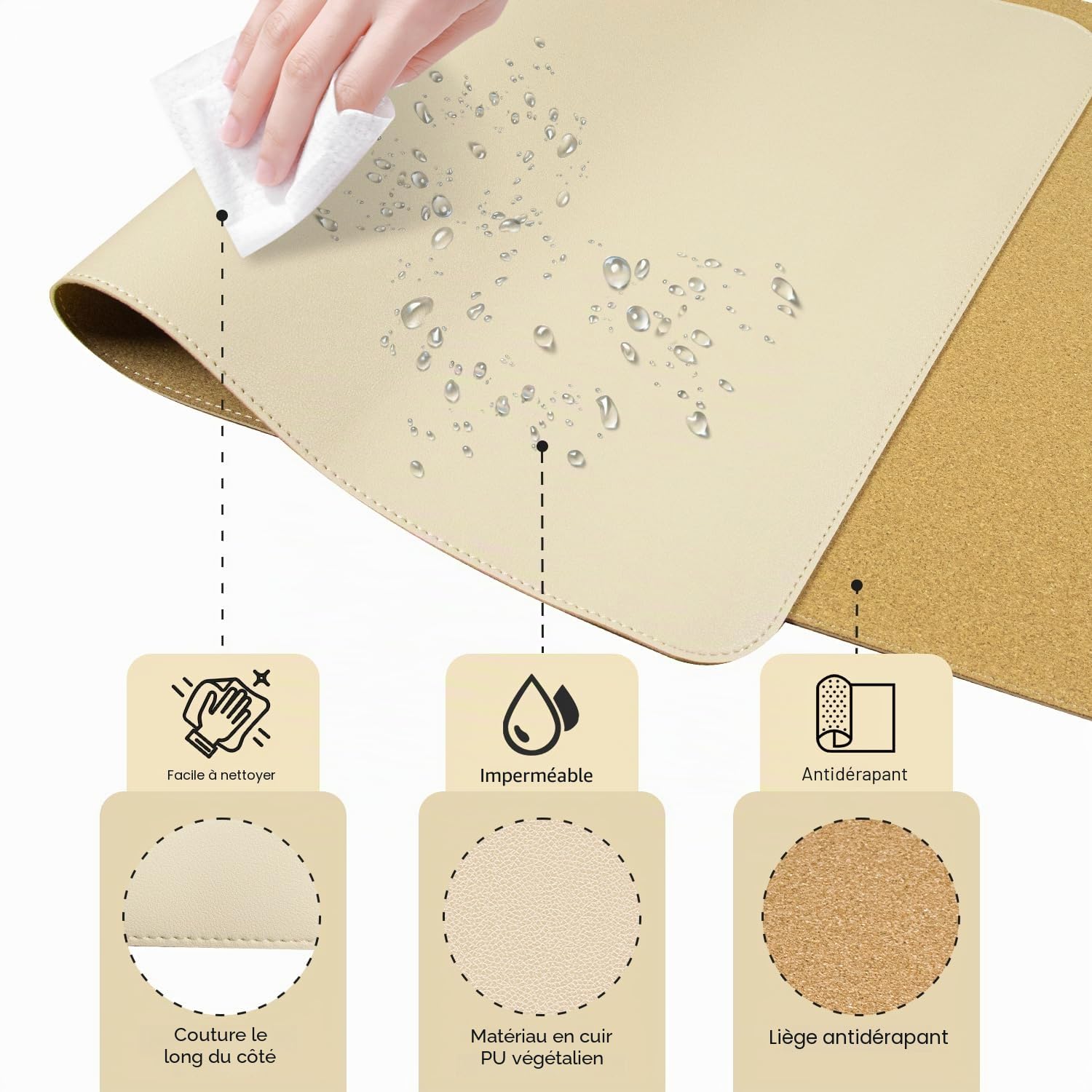 Tapis de Bureau Antidérapant en Liège Naturel et Cuir, Tapis de Souris Large Portable Facile à Nettoyer, Abricot 60x34CM