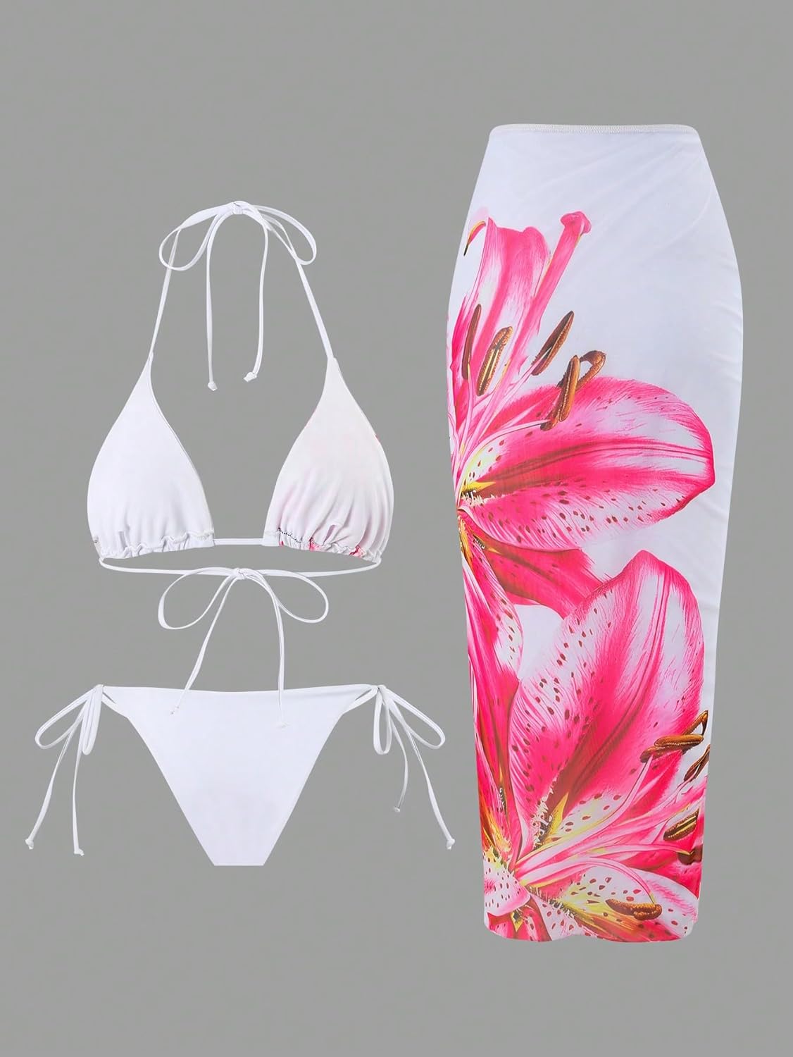 ZAFUL Womens 3pcs Swimsuit Floral Halter Triangle Bikini Top Tie Side Bottom with Long Sheer Cover Up Skirt - Image 2