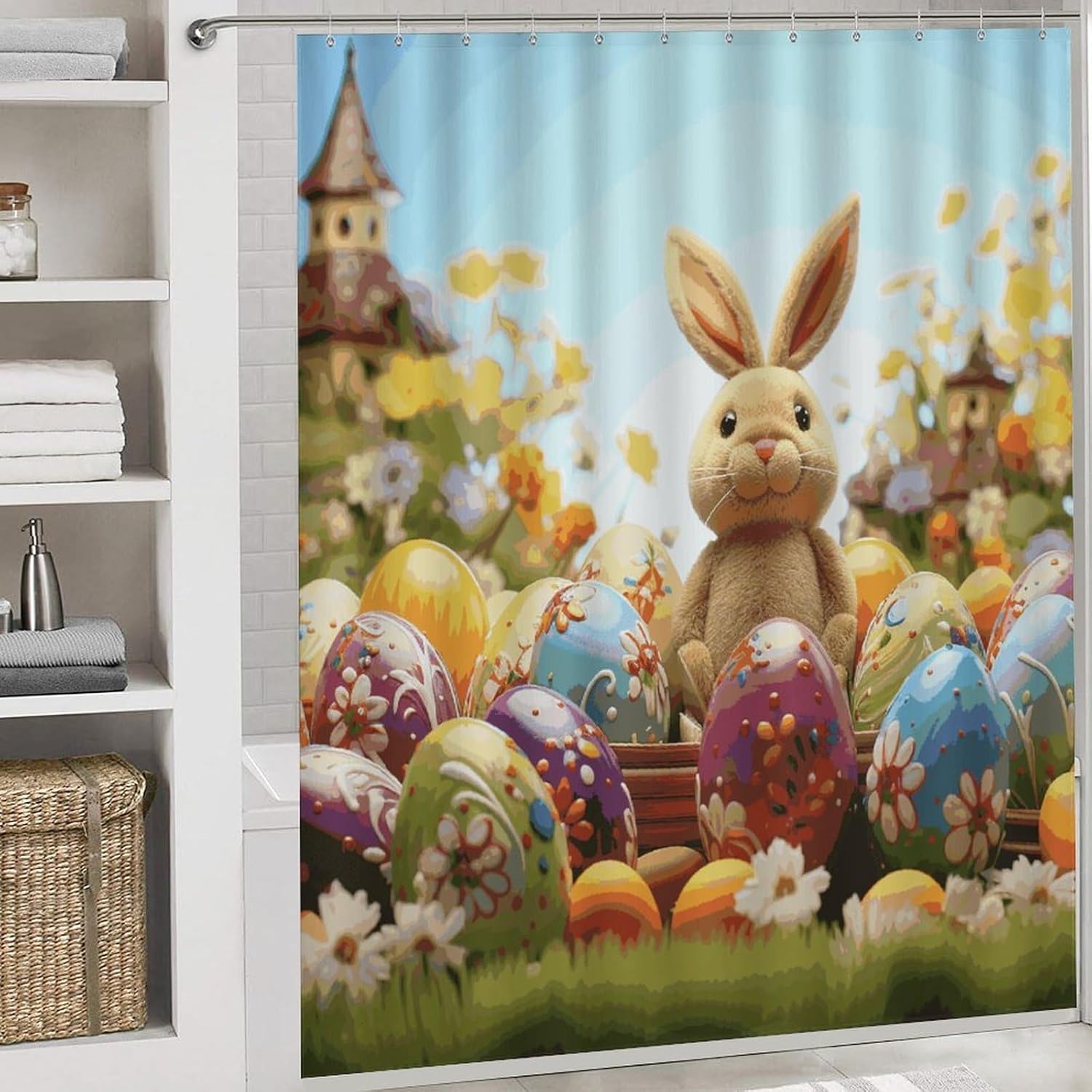 Easter Colorful Eggs 4Pcs Shower Curtain Set with Non-Slip Rugs, Toilet Lid Cover and Bath Mat,Bathroom Set Decor Accessories,Curtain Set with 12 Hooks, 72 X 72 Inch