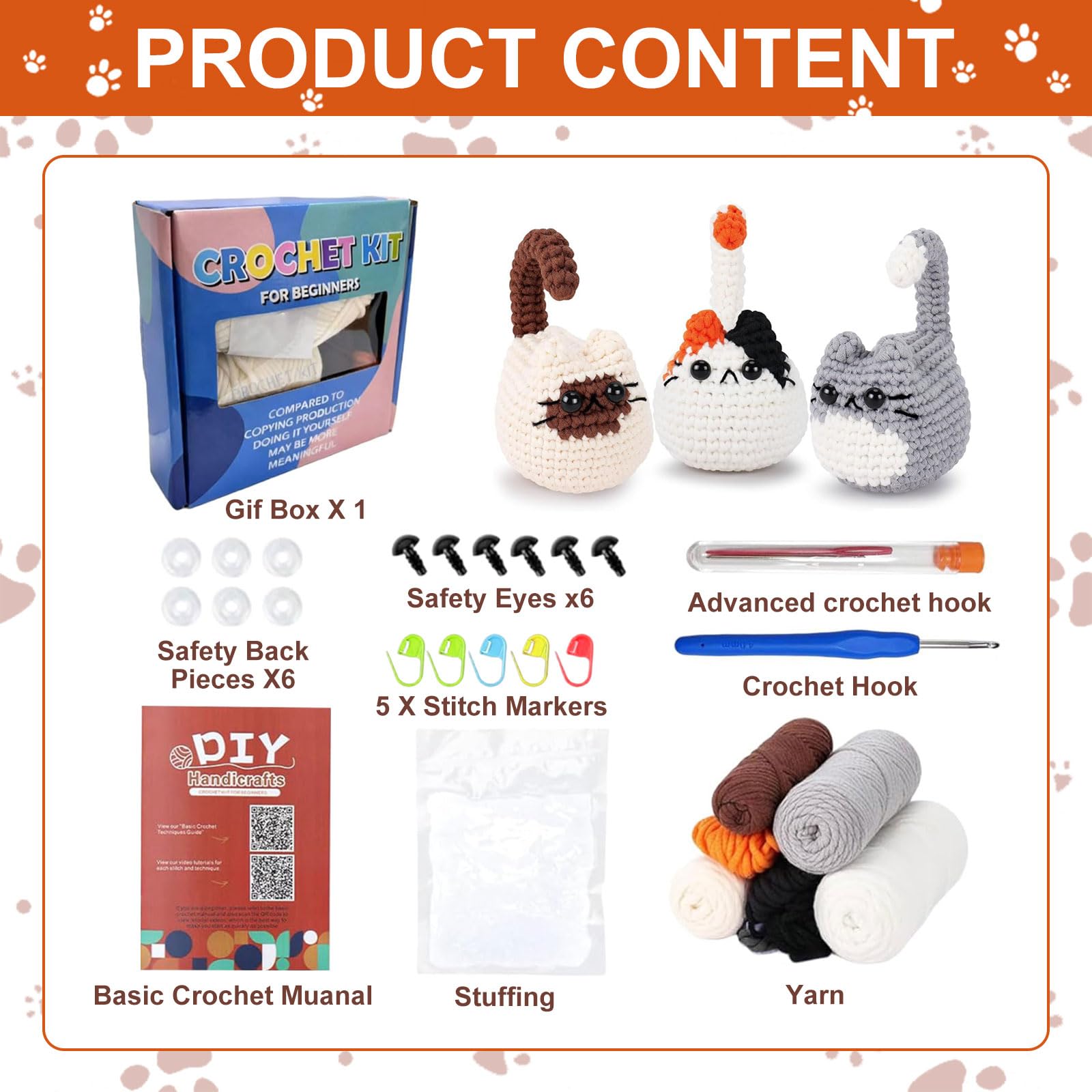 BOYIFEIJIE Set all'uncinetto per principianti, set di animali, istruzioni Amigurumi con video passo dopo passo, tre simpatici gatti, ideale per principianti, set creativo all'uncinetto (3 gattini)