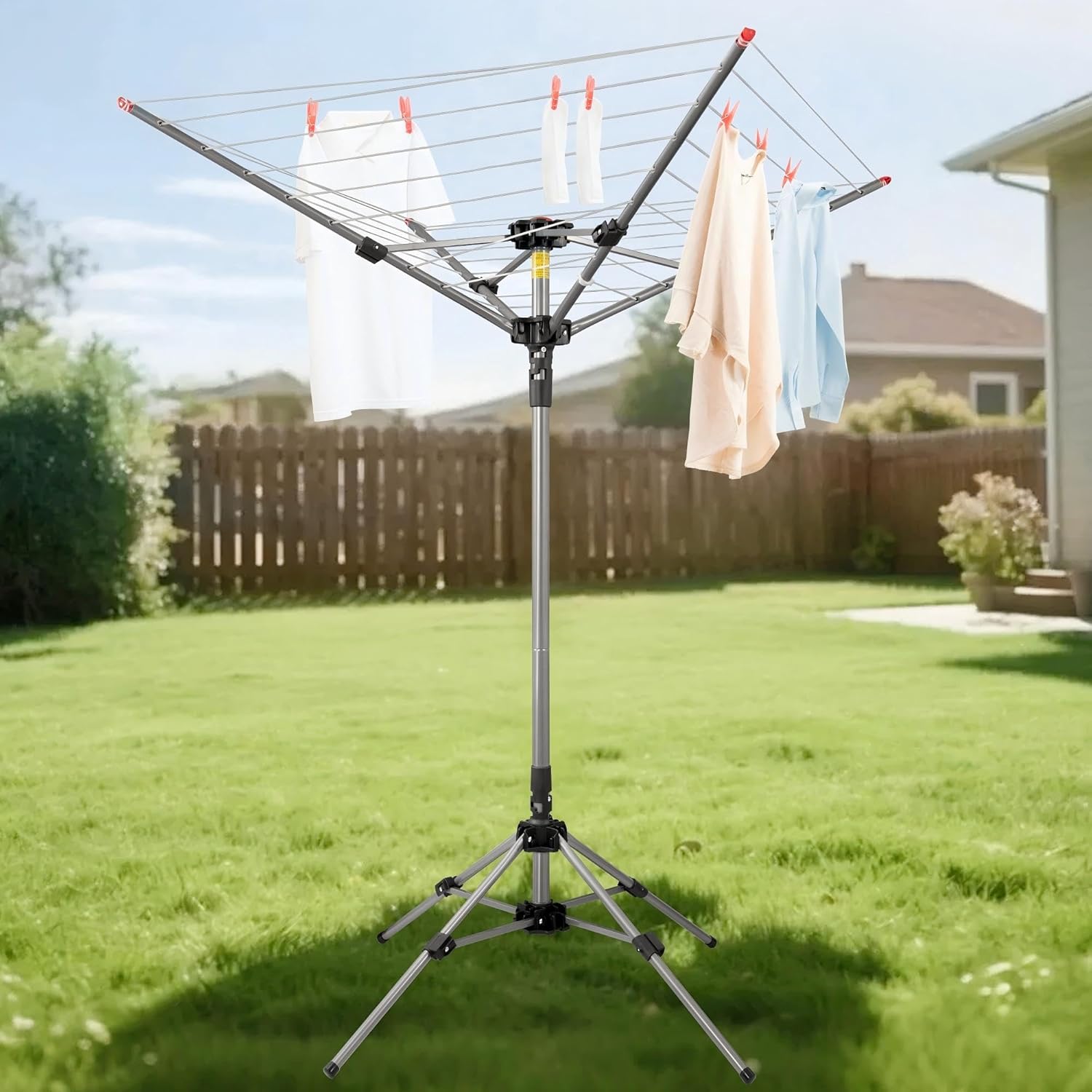 Easi Rotary Umbrella Clothesline Outdoor, Retractable Clothes Drying Rack, 4-Arm 12 Line Adjustable Laundry Line 164 Ft Hanging Space, Foldable Umbrella Drying Rack for Patio Backyard