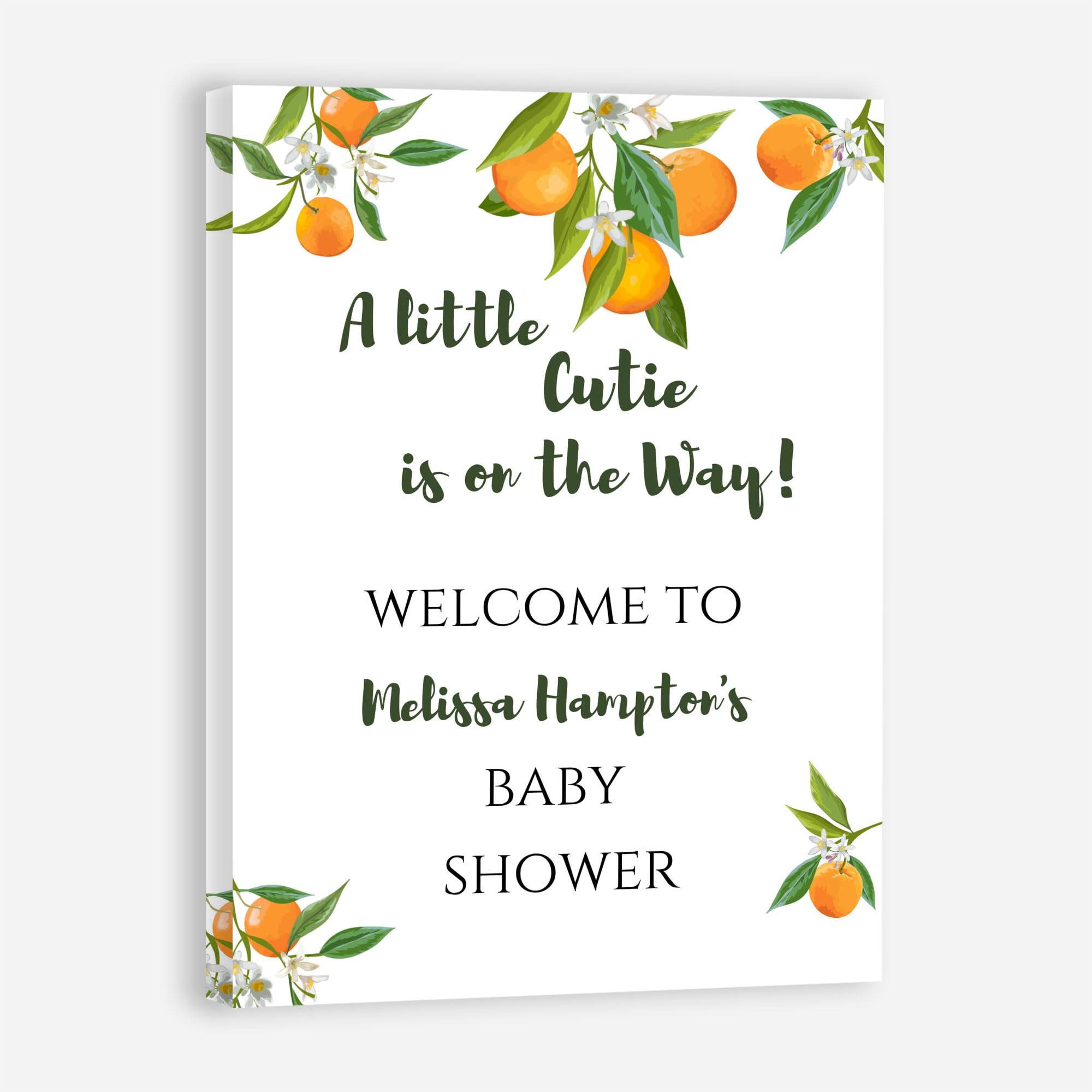 Personalized A Little Cutie Is On The Way Baby Shower Welcome Sign, Citrus, Orange Poster