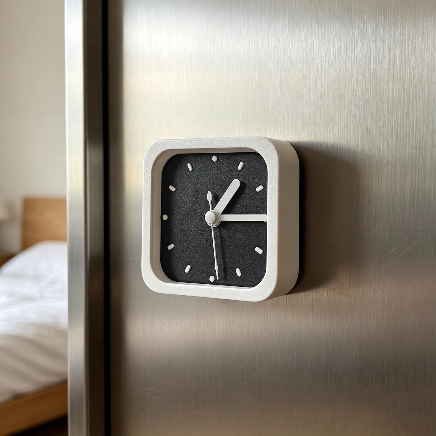 Mini 3 Inch Silent Analog Clock, Magnetic & Wall Mountable, Square Minimalist Design, Battery Operated, Black & White, for Bedroom, Kitchen, Office & Desk (White)