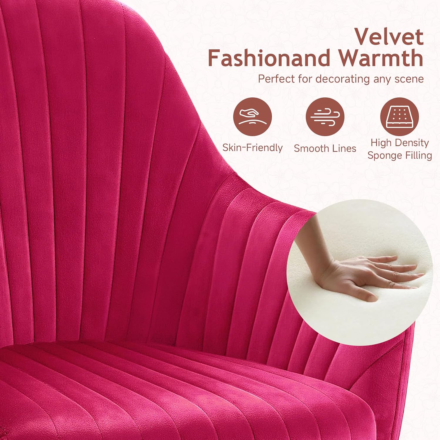 Warmiehomy Office Chair, Velvet Desk Chair for Home Office, Cozy Vanity Chair, Girl Cute Makeup Chair with Arm Rest for Bedroom Dressing Room (Hot Pink) image 4