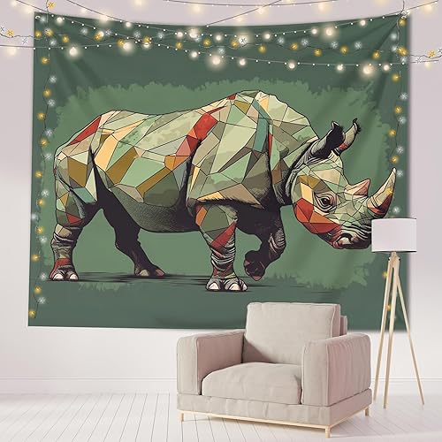 Miniatura 2 de THYUNQ Tapiz de rinoceronte para colgar en la pared, tapiz de animales para estética de dormitorio, tapices de arte geométrico verde, tapastry de