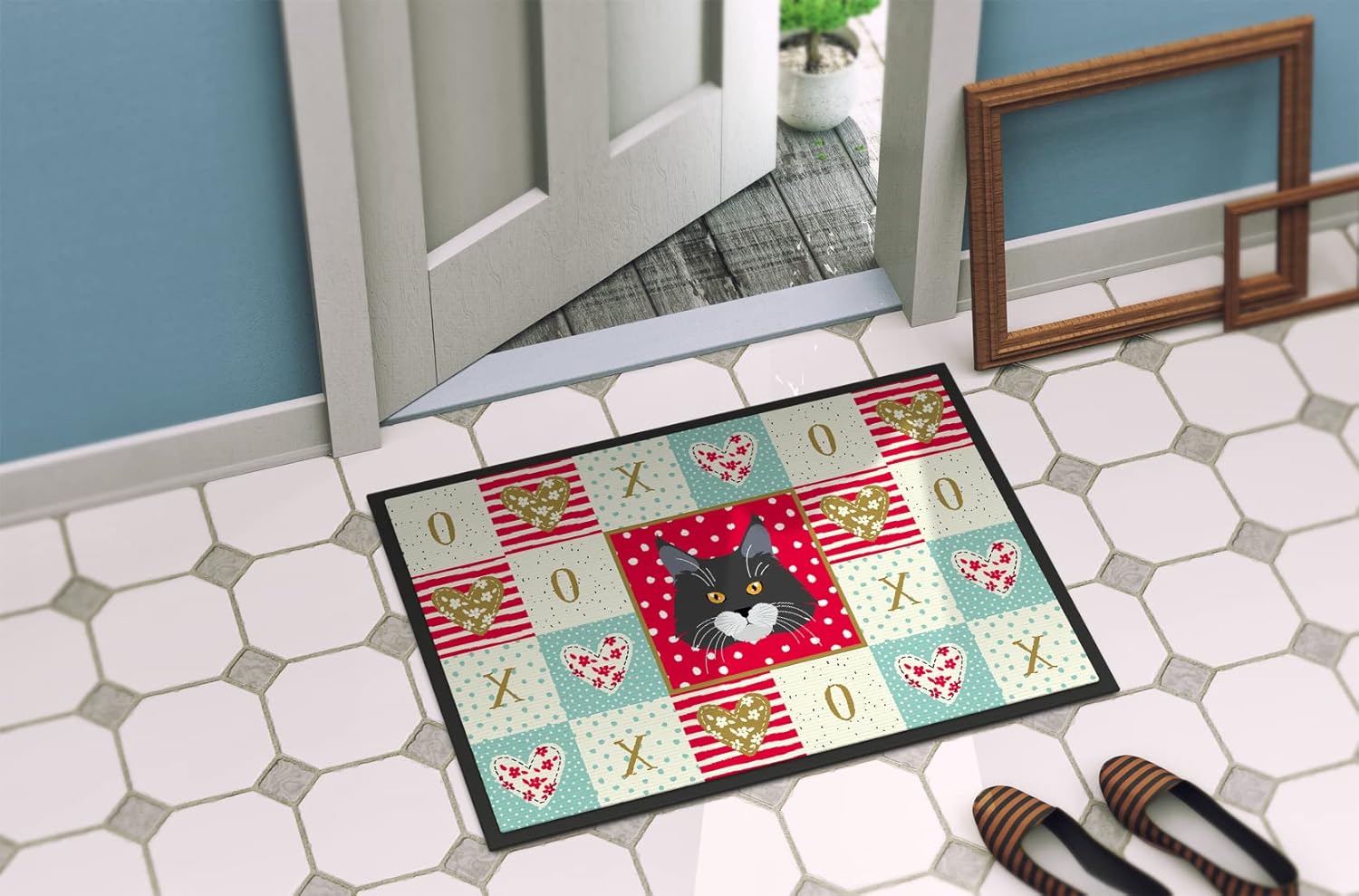 Caroline's Treasures CK5129MAT Maine Coon Cat Love Doormat 18x27, Red Front Door Mat Indoor Outdoor Rugs for Entryway, Non Slip Washable Low Pile, 18H X 27W