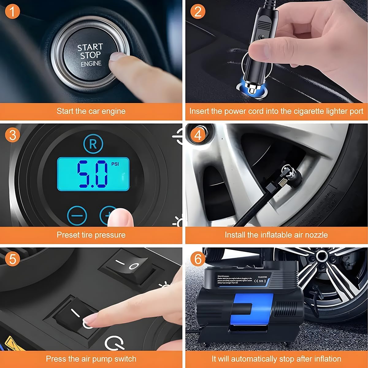 Steps for using the AUKEPO tire inflator: starting car, plugging in, setting pressure, attaching nozzle, pressing switch, and automatic stop.