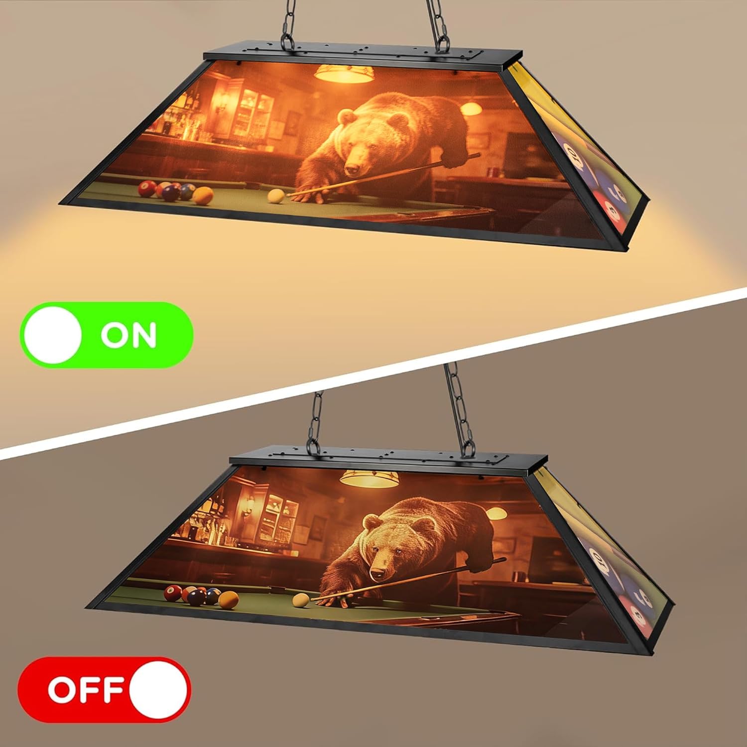 4-Light Tiffany Pool Table Lamp, 43" Billiards Light Fixture for 7'- 9' Pool Table Hanging Lamp, with Bear Playing Billiards Light Transmittance Shade, Suitable for Game Room, Man Cave, Cabin