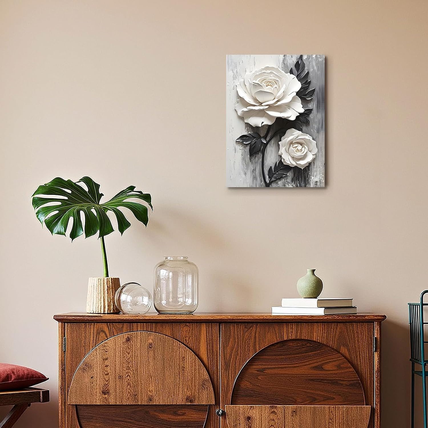 Framed Wall Art Canvas Wall Art White Rose Floral Framed Canvas Wall Single Piece Sculpture Wall Decor for Living Room Bedroom Office Modern Home Art Elegant Floral Art 12x16 Inch