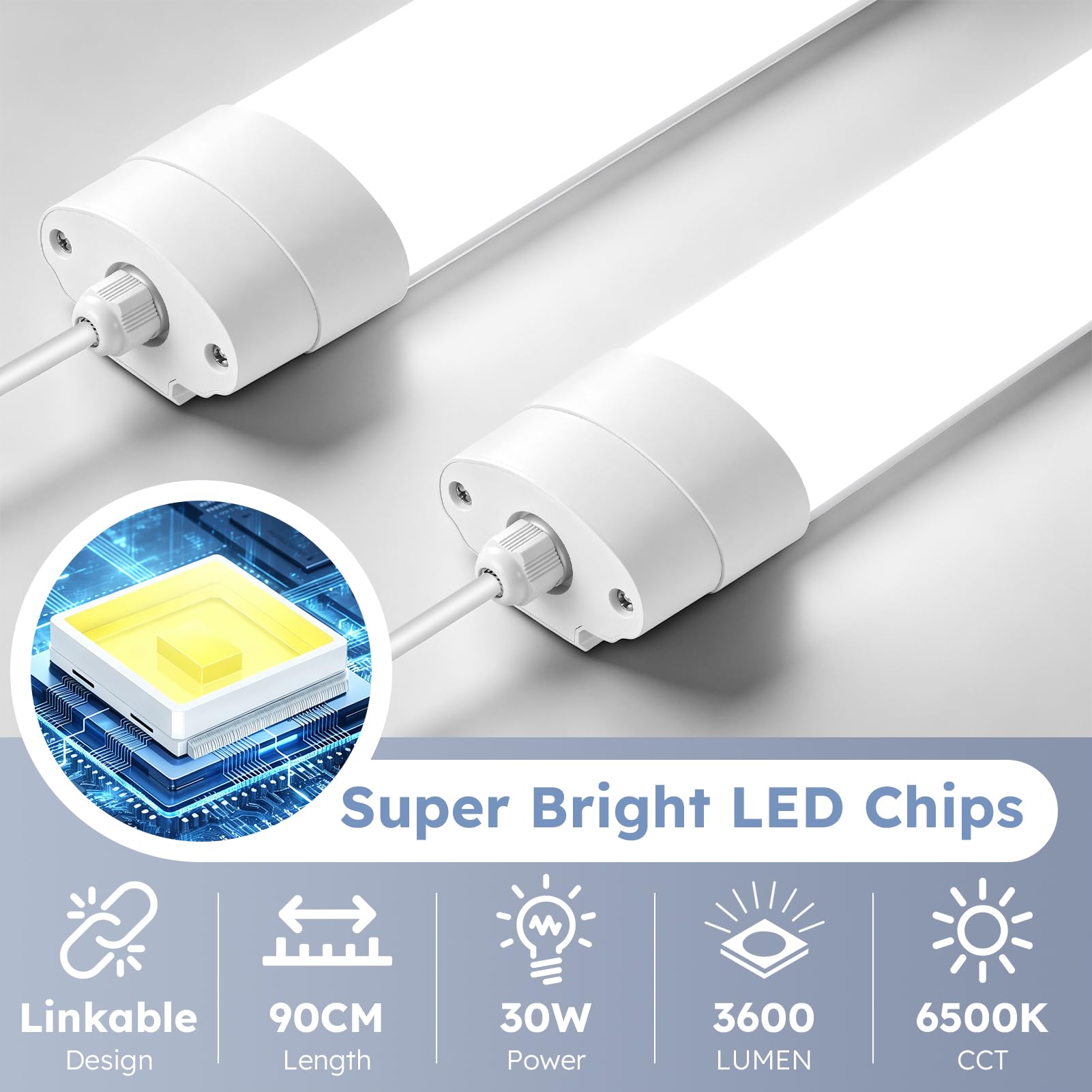 90cm Fluorescente LED 30W 3600LM Lámpara LED de Techo, 6500K Barra LED Impermeable IP65 Luz LED Techo, Pantalla LED Tubo para Sala Oficina Taller Almacén Garaje Cocina 8Pcs