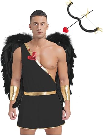 dPois Halloween Cupid Costume for Adult Men One Shoulder Romper Bodysuit with 4Pcs Accessories Set