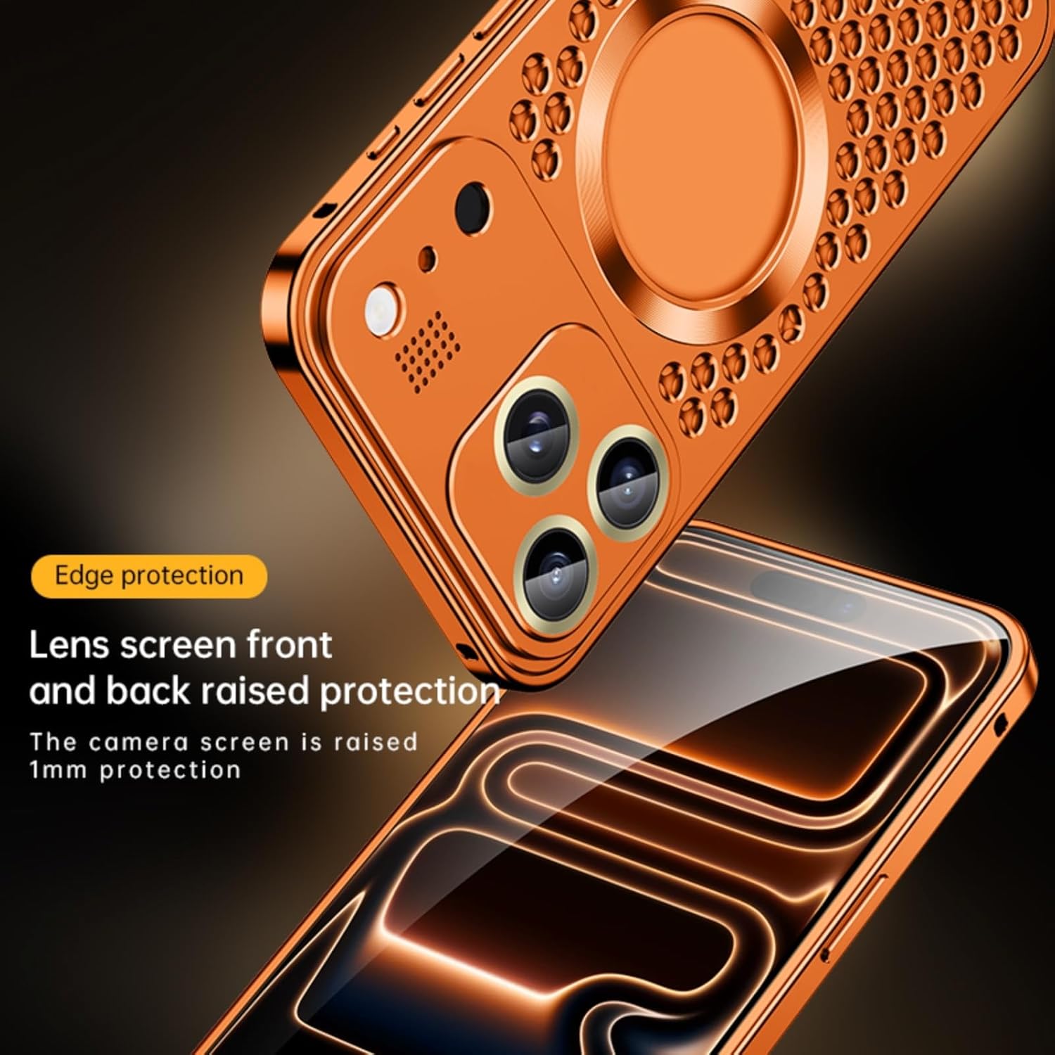 Metal Cooling Case for iPhone 17 Pro Max/17 Pro/17, CNC Aluminum Alloy Frame with Built-in Fragrance Core, Airflow Hollow Grid Structure, Shockproof Slim Protective Cover(Orange,17)