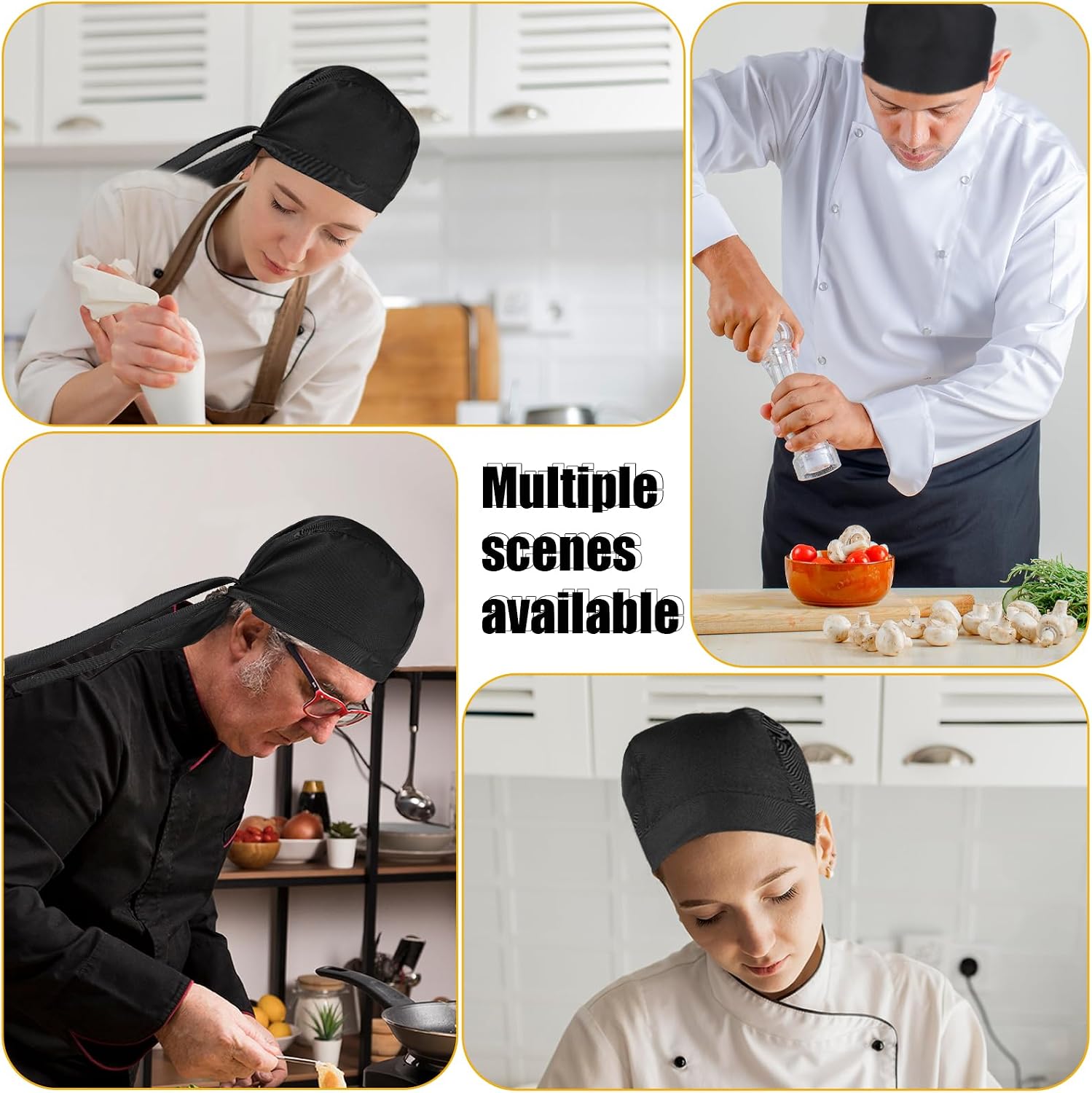 Chef Hat for Men&Women, 4 Pack Back Kitchen Cooking Cap, Elastic Back Skull Caps, Chefs Hats with Ties, Adjustable Chef Hat Bandana for Kitchen Cooking Service and Other Work One Size Fit All Adults