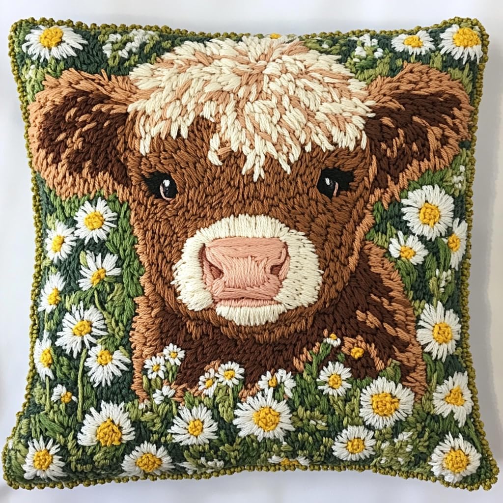 DIY Punch Needle Pillow Kit Cute Highland Cow Daisy Flowers with Pattern and Hoop Handmade Embroidery Punch Needle Starter Pillowcase Set for Home Sofa Decor 43x43cm-1-61