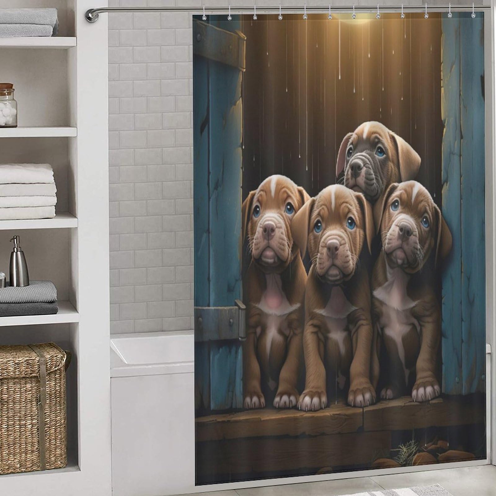 Rideau de douche chien mignon imperméable en polyester lavable 152x183cm avec 12 crochets pour baignoire