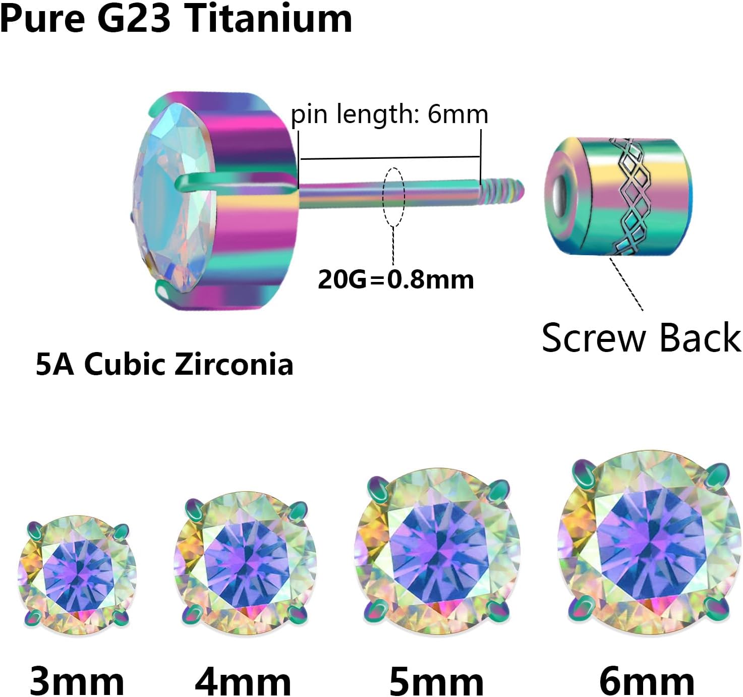 Hopply Hypoallergenic G23 Pure Titanium Earrings, 20G Implant Grade Flatback 5A Cubic Zirconia Earrings Studs, Suitable for Women Men Sensitive Ears Jewelry Gift - Image 2