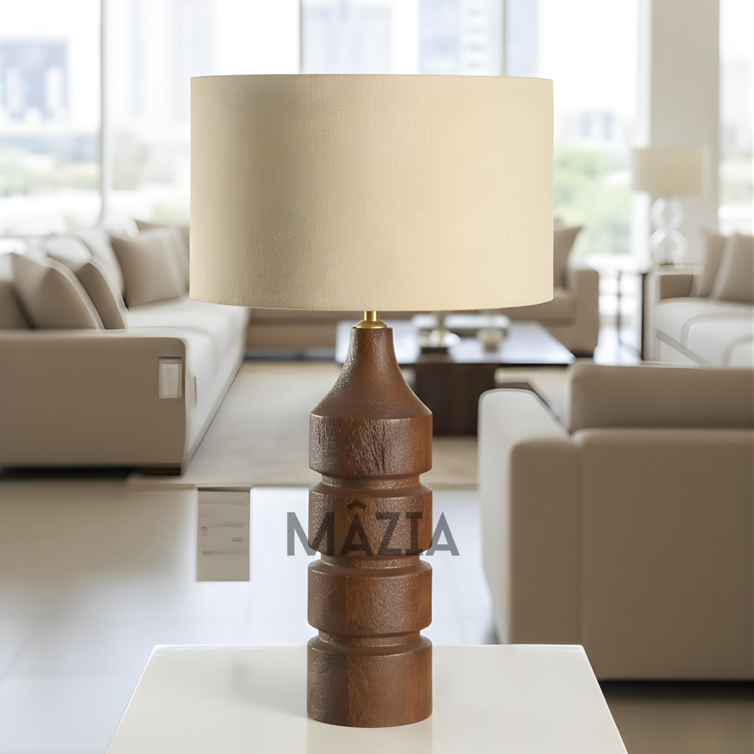 MAZIA KOVA Handcrafted Solid Wood Table Lamp with Fabric Shade - Rustic Ribbed Wooden Bedside Lamp for Bedroom, Living Room, and Office Decor (Natural Brown) (Drum Shade)-image-34