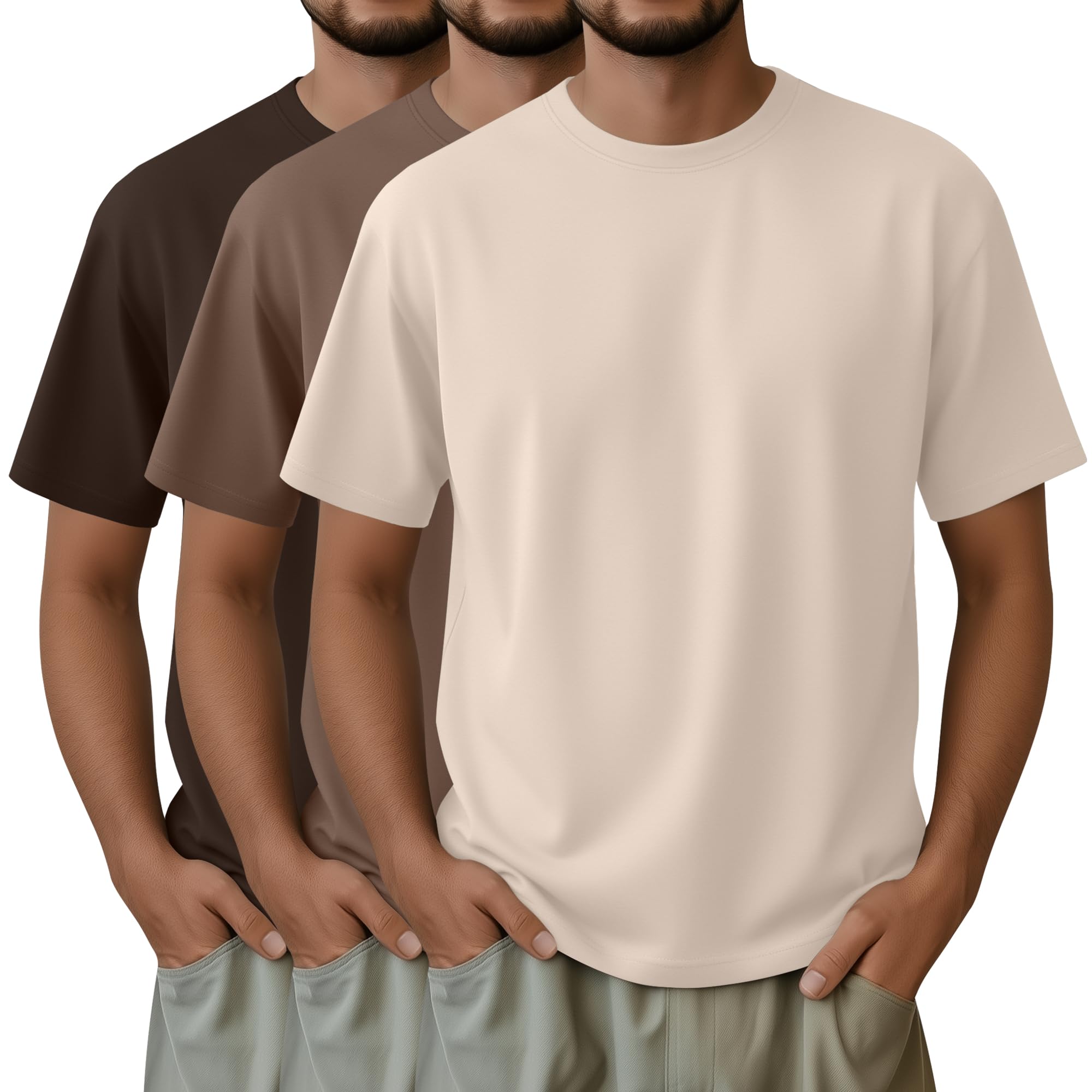 Ficerd 3 Pack Mens Short Sleeve Shirts Crew Neck Cotton Casual Shirts Summer Baggy Soft Basic Tops