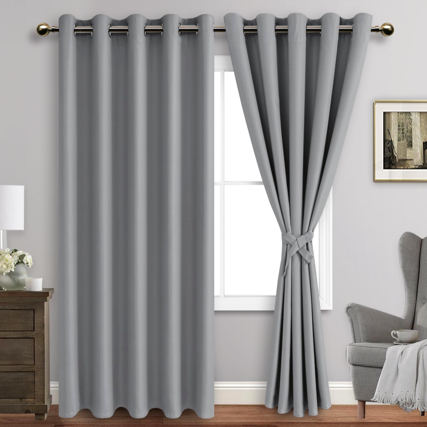 JIUZHEN Light Grey Blackout Curtains with Tiebacks Thermal Insulated,Light Blocking and Noise Reducing Grommet Curtains for Bedroom and Living Room, Set of 2 Window Curtain Panels, 60 x 84 Inch Length 60"W x 84"L (Pack of 2) Light Grey