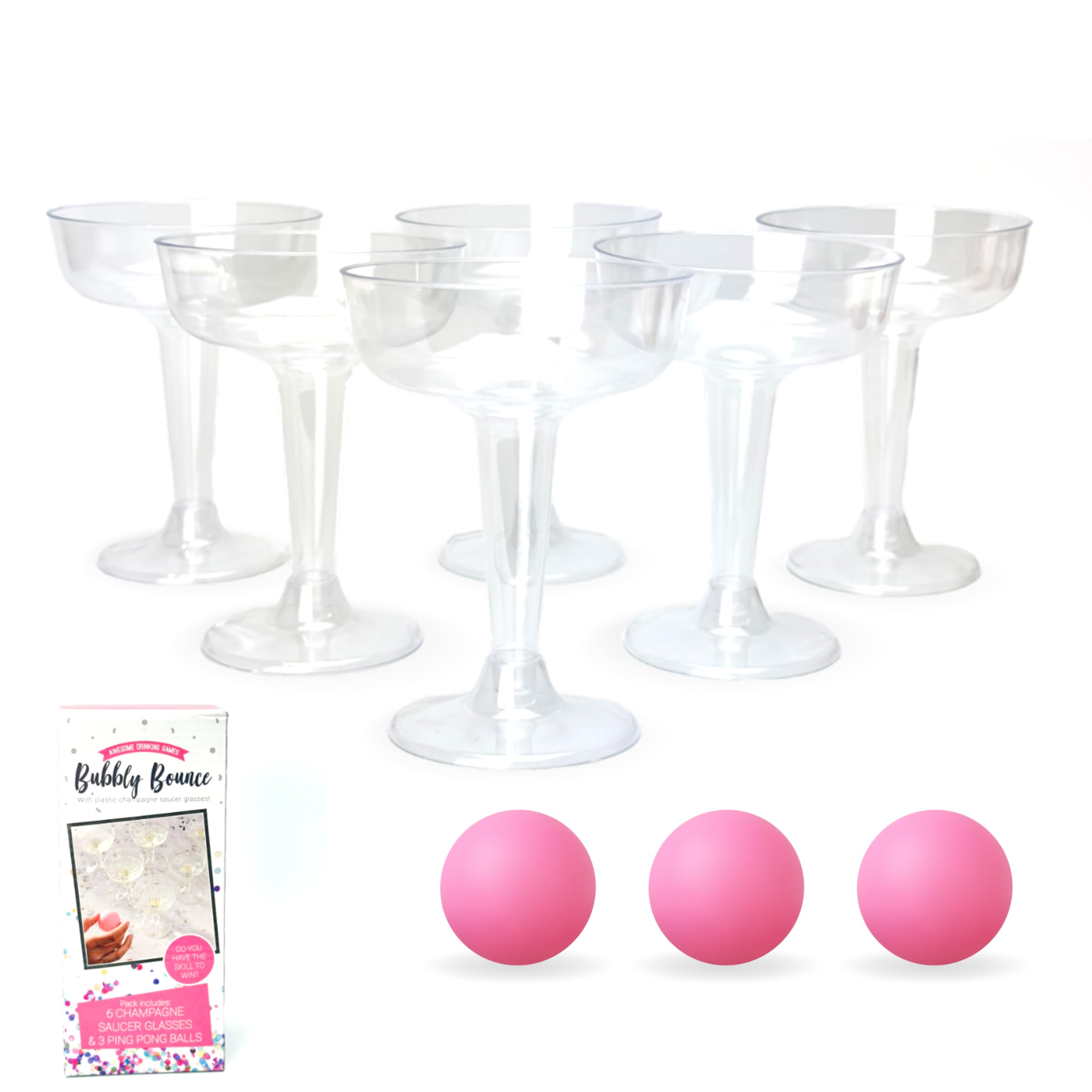 Lizzy Champagne Party Pong 6pc Champagne Saucer Glasses & 3pc Ping Pong Balls | Novelty Drinking Beer Pong Skilful Game Joke Funny Novelty Summer Hen Party, BBQ & Office Game (One Pack)