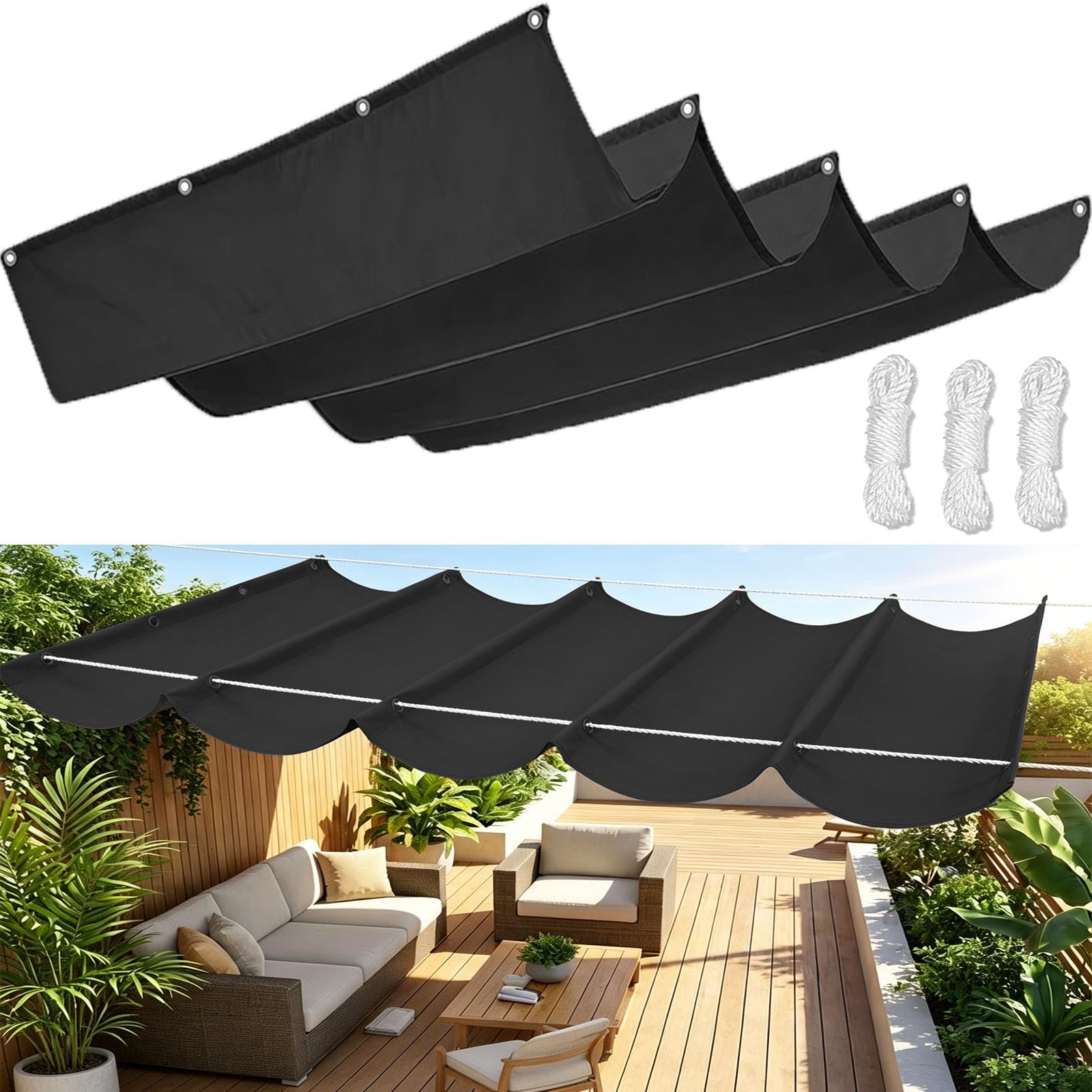 Retractable Wave Sun Shade Sail, Waterproof Sunscreen Awning Canopy UV Rays Blocking, Shade Sails for Garden Patio Pool Yard Party with Free Rope-Black||160x300cm