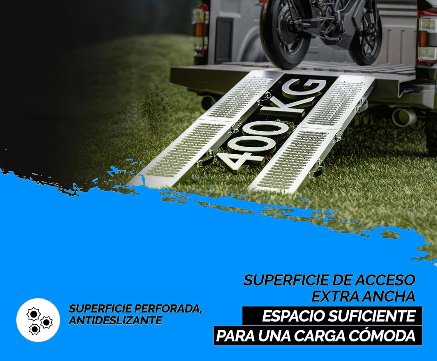 Juego de 2 rampas de Carga Plegables en Acero 1900 x 225mm, 400kg el par para Moto, Bicicleta, Quad ATV, etc